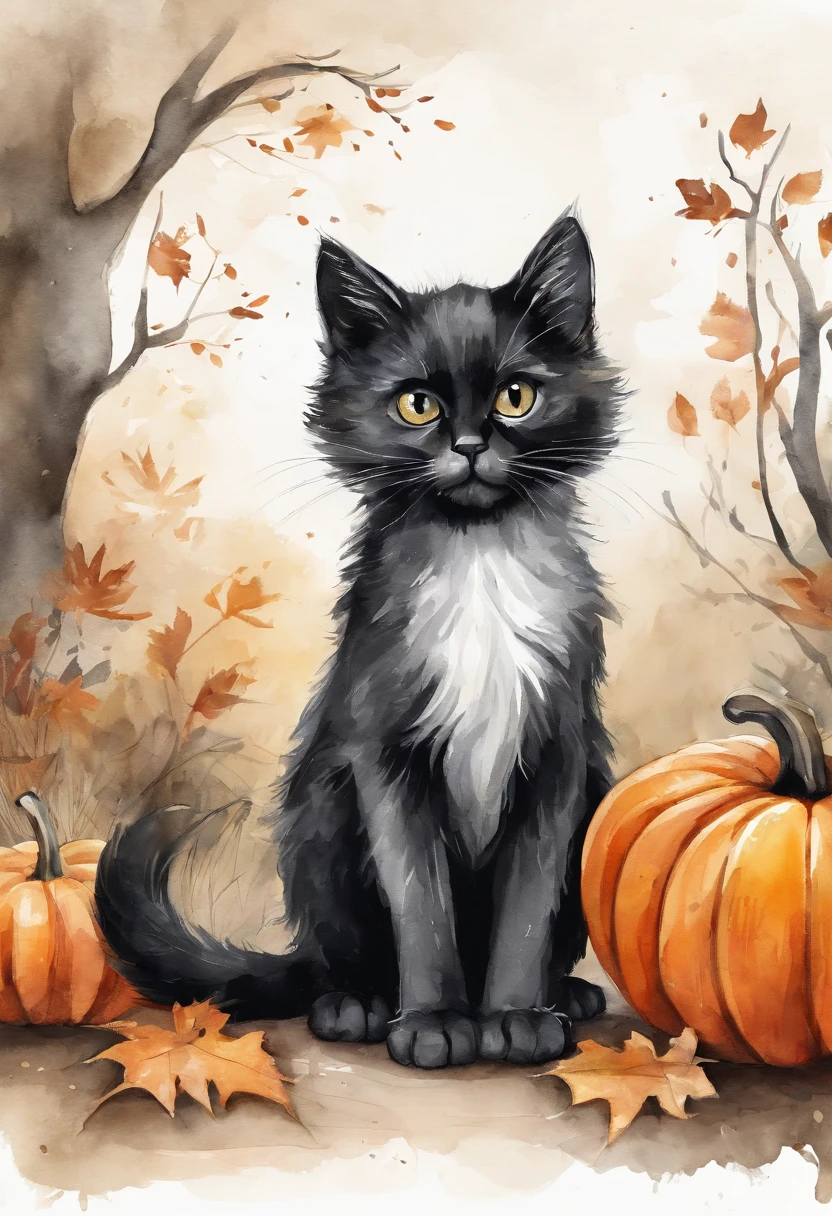 Image Type: A cute stylized digital illustration of a black and white kitten sitting next to a pumpkin and jack o lantern. The illustration should be in a halloween art style, with a vector art aesthetic. The kitten should be depicted in a cute and adorable manner. The artwork should be colorful and have a cute and detailed art style. The resolution should be high, preferably 4K, to showcase the details of the illustration.