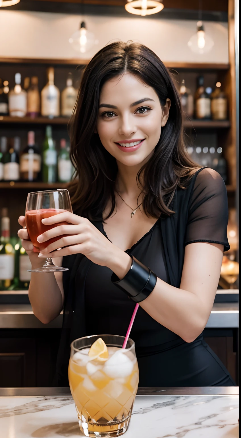 Develop an ultra-realistic image of a digital influencer socializing in a sophisticated bar with her friends, all equally dazzling and emanating positive vibes. She, centered, elegantly holds a cocktail glass, possibly a Cosmopolitan, with a genuine smile and a loving gaze directed towards one of her friends. The atmosphere is immersive and lively: soft, colorful lights from the bar, people chatting joyfully, and a chic yet laid-back ambiance. The friends, all unique in their styles, share laughs and chats, each with a distinct drink reflecting their individual personalities. Expressions are of joy and complicity, amidst a scene where genuine friendship is palpable. Photographic reference: the vibrant and emotional style of Annie Leibovitz, capturing the essence of personalities and the depth of female friendship. The camera uses a wide aperture lens to ensure all figures are in focus, while the background, a charmingly lit bar, maintains a soft bokeh aesthetic to keep attention on the primary scene and the connection between the women.