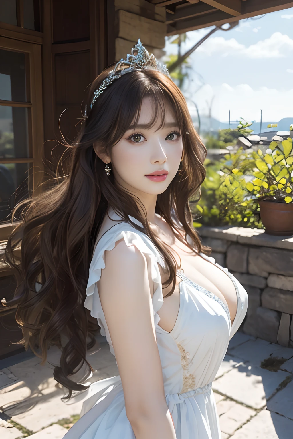 (8K、Raw photo,Best Quality, masuter piece:1.2, Intricate details, Wallpaper、超A high resolution)、(Photoreal Stick:1.2)、Alafed woman in white dress and crown, beautiful countenance、A detailed face、big eye、kindly smile、Beautiful makeup、Cowboy Shot、ethereal beauty, beautiful fantasy art, very beautiful fantasy art, ethereal fantasy, A beautiful maiden, a stunning portrait of a goddess, beautiful fantasy art portrait, breathtaking fantasy art, Beautiful depiction, Beautiful digital art, Maiden in a beautiful costume, Bewitching Goddess、Very details of the goddess、long flaxen hair、Curled hair、爆乳、big breasts thin waist、nabel、big butts、Large Thigh、clong legs、(A terrible wind blows:1.3)、(disheveled hair:1.5)、(Disheveled costumes:1.1)、The background is ancient Olympus、natta、nigh sky、Wider Lens、Shallow depth of field、Blur background、