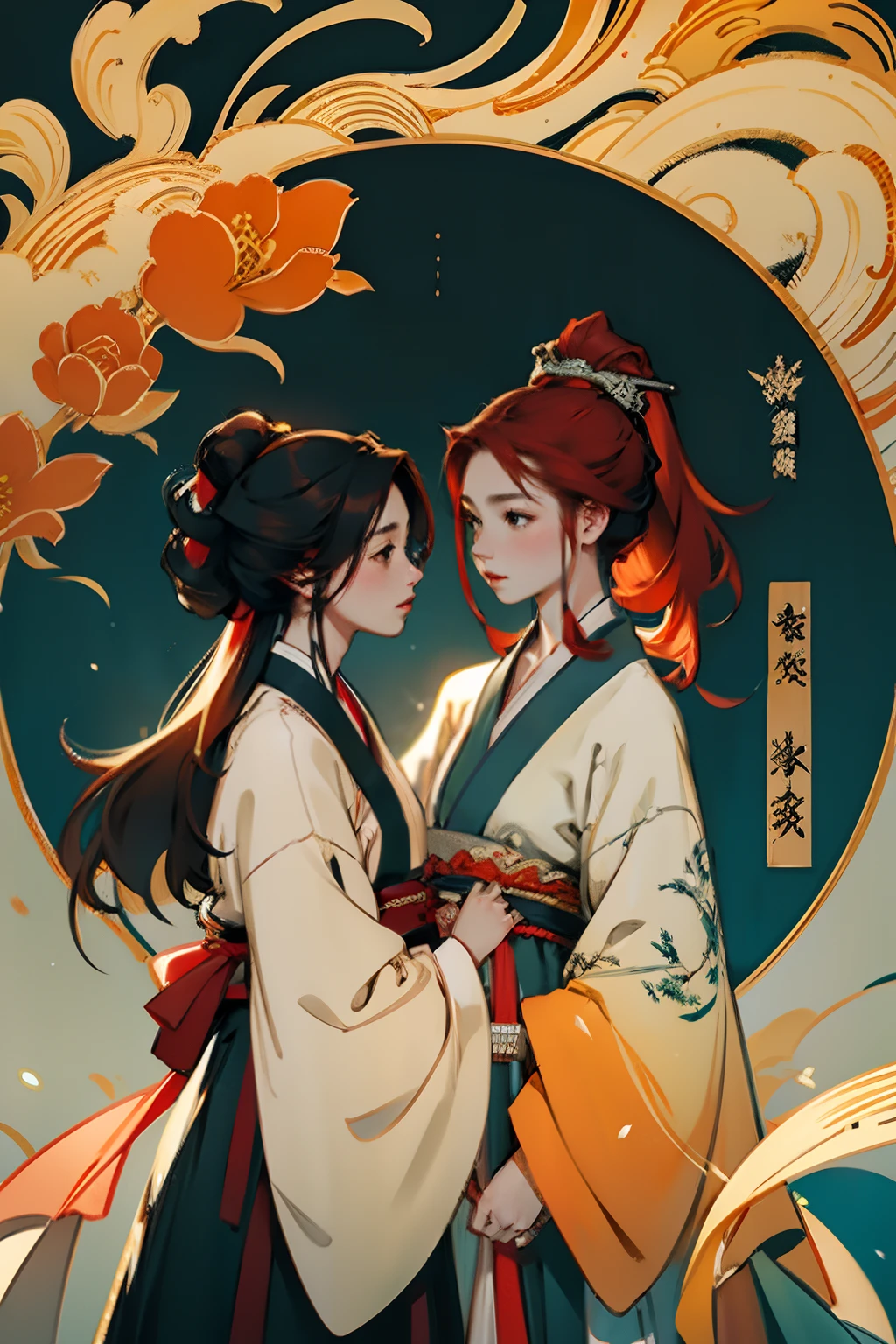 high quality, 4k, two girls as lover, hanfu, white and orange hanfu, red clothes, red hair girl, brown hair girl , black ponytail hairstyle , gentle expression, wuxia