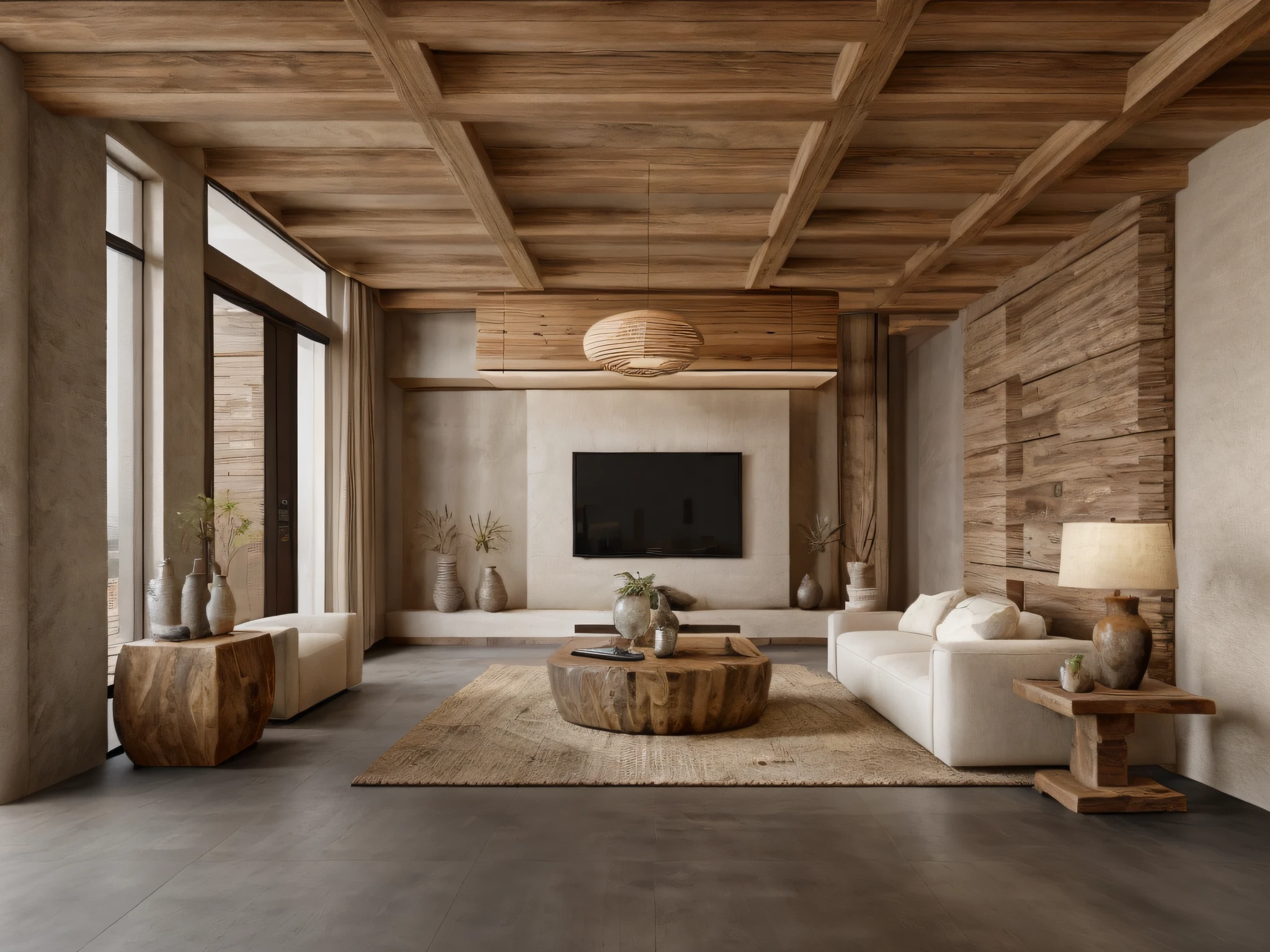 wabi-sabi livingroom interior, wabi-sabi interior style, design tends to be minimalist, (muted tones of beige, gray, brown, and green), calming and natural atmosphere, (earthy color palette), ((rough-hewn wood)), handmade textiles,natural fabrics, sofa, armchair, table, rug, wood floor, drapes,glass window, rough-hewn wood ceiling, rough-hewn wall, television, rough-hewn wood cabinet, flower vase, picture frames, antique furniture and decor items, natural light, softlight,