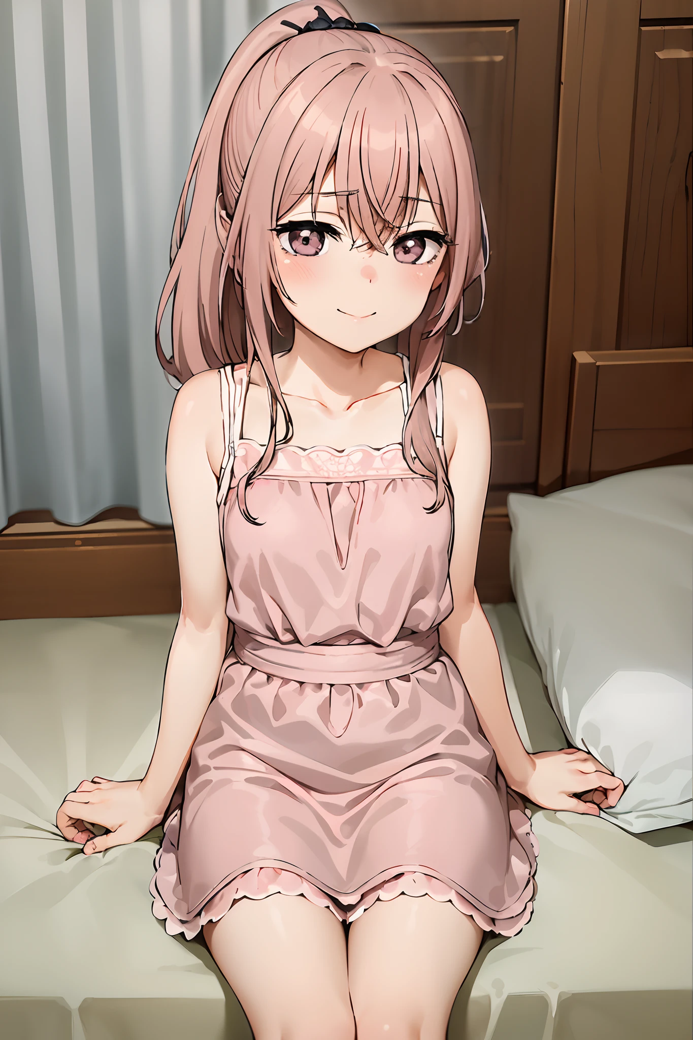 best quality, (masterpiece:1.2), detailed,
inui sajuna juju,
1girl, solo, closed mouth, smile, blush, small breasts
pink hair, pink eyes, long hair, side ponytail,
pink dress, collarbone, spaghetti strap,
sitting, looking at the viewer,
indoors, room, bed, night