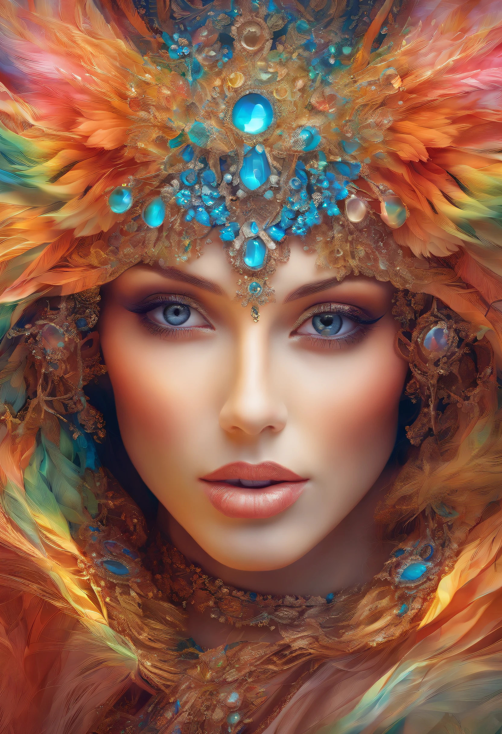 Beautiful and intricate sculptural portrait of a woman, gorgeous and elegant, perfec long  brown hair and dress , 25 years old, [[[[close up]]]], [[[[[chest]]]], [[[[[neck]]]], [[[[shoulders]]] ], perfect eyes, perfect iris, perfect lips, perfect teeth, perfect skin, soft front light, glow, HDR (muted colors: 1.2), crystal, beautiful and intricate sculpted portrait of a woman in a detailed art style, a rainbow that combines elements of realism and fantasy by artists such as Phil Koch and Joseph Christian Leyendecker. with a companion fox in a detailed art style, a rainbow that combines elements of realism and fantasy by artists such as Phil Koch and Joseph Christian Leyendecker.