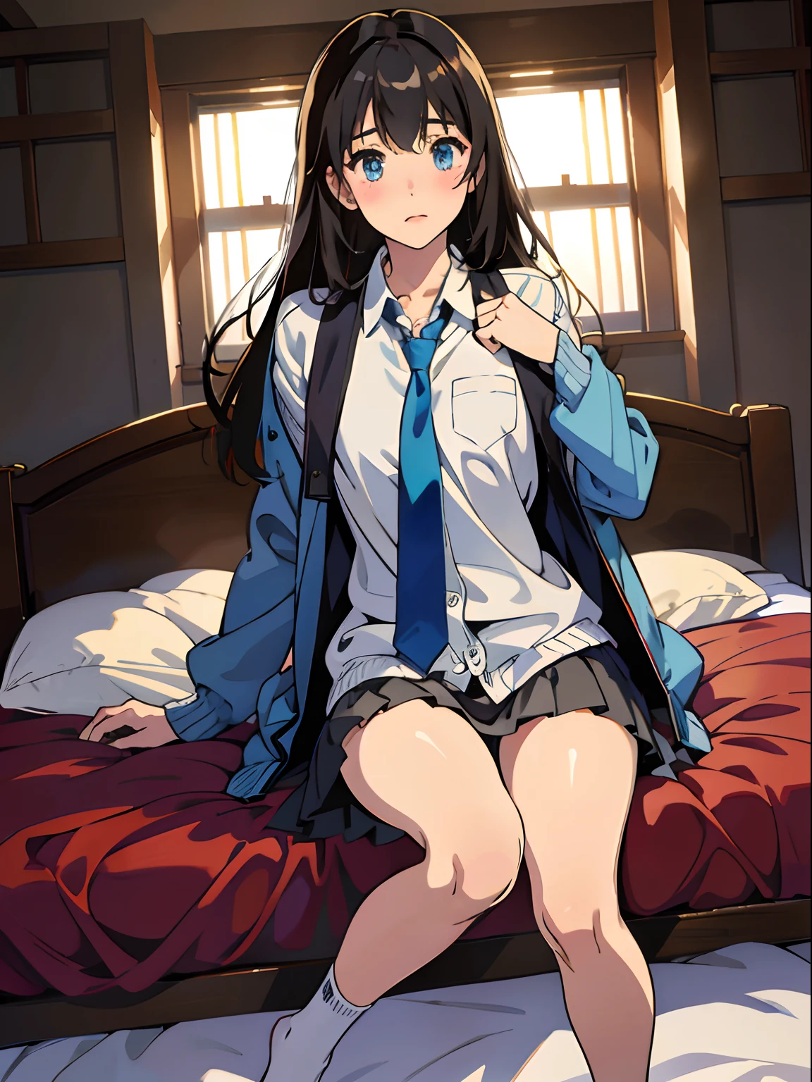 cute little、Amazing beautiful girl, Anime style, ghibli-like colors, 、18year old、I'm inviting、on the bed、A dark-haired、You are showing me your pubic area、Straight hair、Glamour、Colossal tits、de pele branca、I'm excited、wide-open legs、Very embarrassing、red blush。 Best Quality , Textured skin、 high details, High quality、Crotch facing me,Semi-long hair、I'm、No shoes,I can see the belly button、nudde、fullnude,pubick hair、Black short socks、Blazer Uniform、Pubic area、 hair,Open the crotch,、Tsurime,Troubled face、Anime-style eyes,Anime-style nose,Anime-style mouth