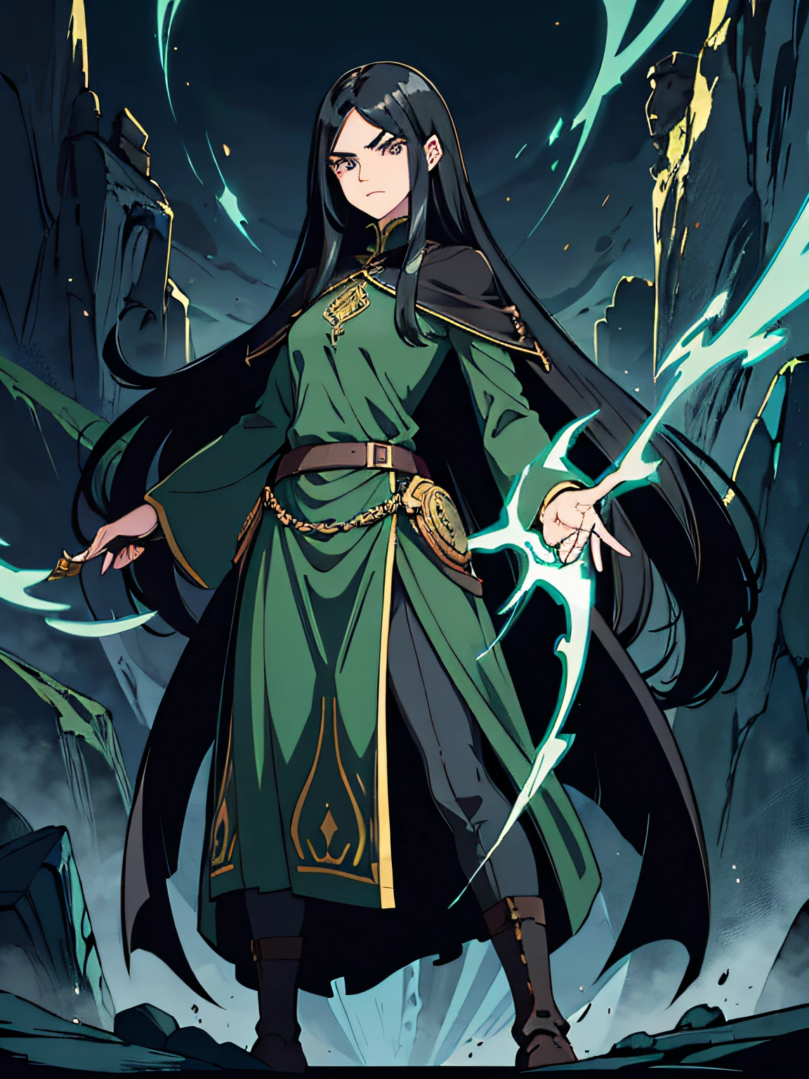middle part very long black hair flowing, tall adult woman mage with thick eyebrows, serious smart look, dark eyes with lines under, detailed face, dark green clothes, standing in a dark rock dungeon, fantasy setting