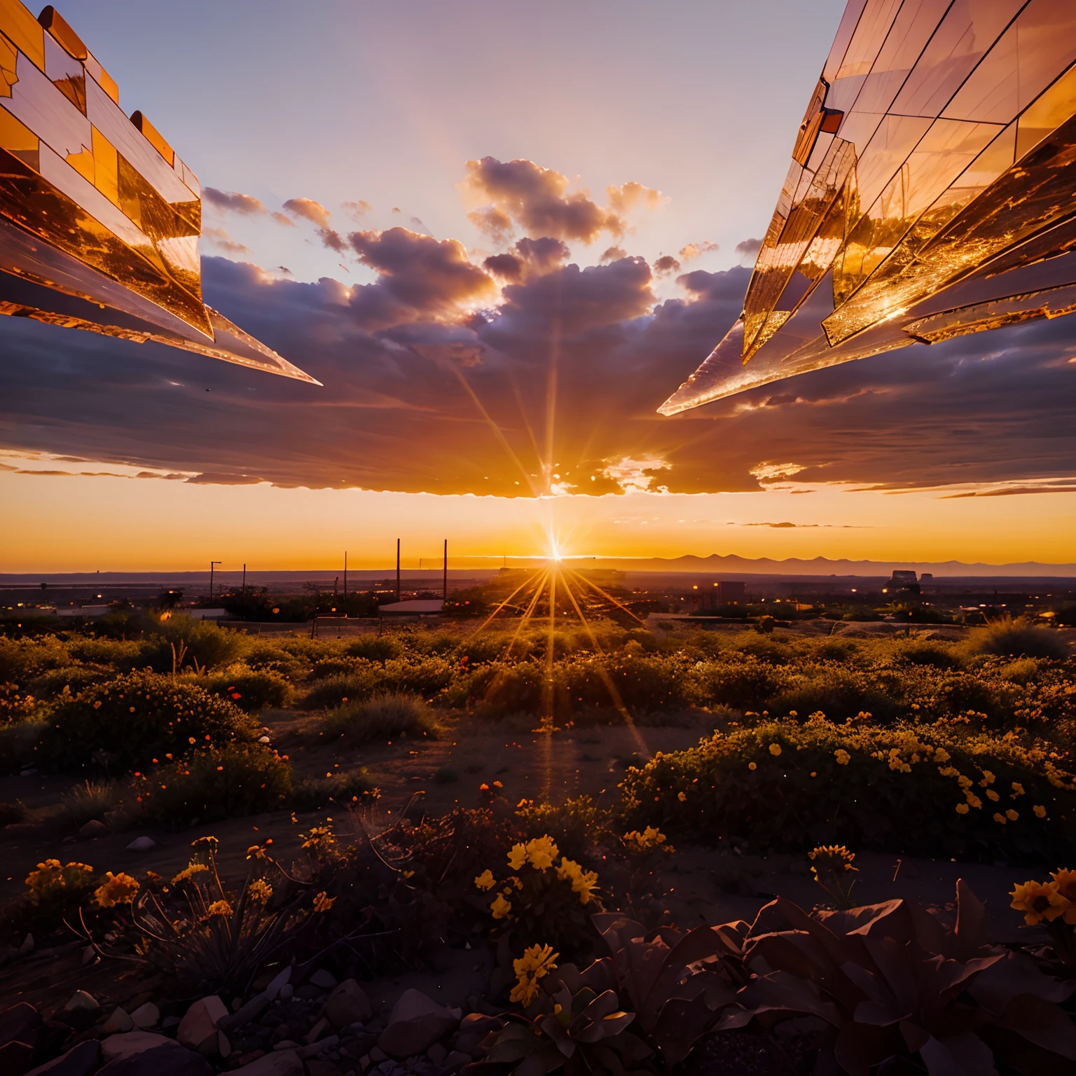 Phoenix, horizon. Sunset. Horizontal plane, crystals, Flowers and plants