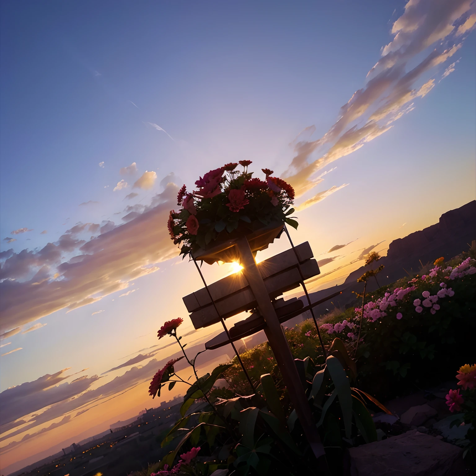 Phoenix, horizon. Sunset. Horizontal plane, crystals, Flowers and plants