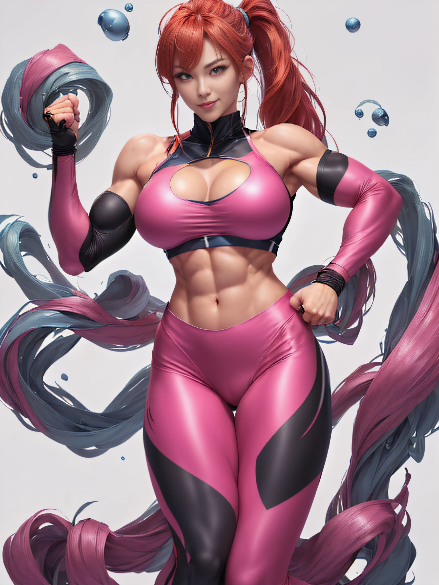 resplendent smile、Female Fitness Model、Huge chest on the verge of bursting、thin and long legs、abdominals、musculature、Metallic pink workout wear、Half Japan and half American.、25-years old、Height 175cm、sportuniversal、blue eyes、Red hair、Pony tail、glistning skin、blue eyes、Pose ready to fight、full-body view