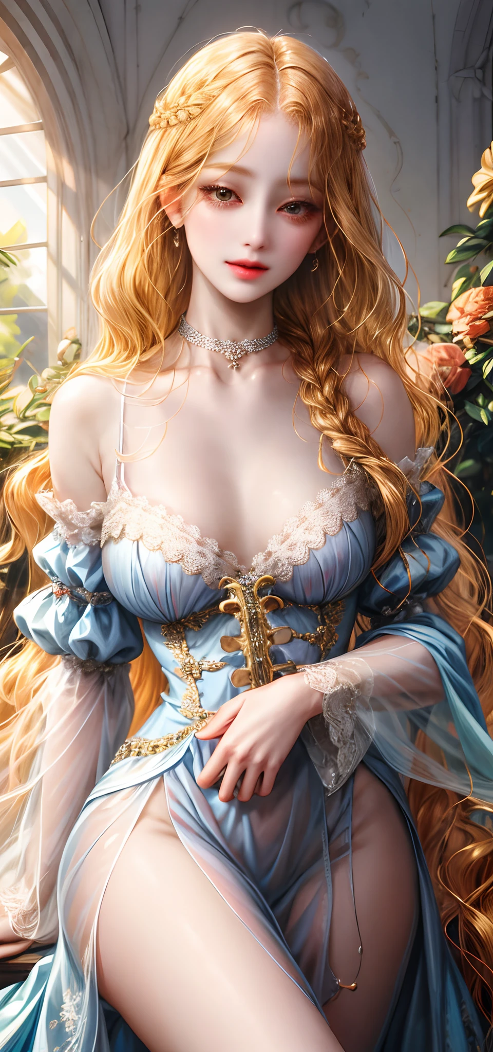 （absurderes，A high resolution，ultra - detailed），1girll，独奏，mature，（Very long hair，blond hairbl），Baroque style，choker necklace，short transparent dress，longer sleeves，ellegance，Colorful，Most detailed，The upper part of the body，exteriors，trpical garden，extremely large bosom，Bare lower body，Bare breasts，nakeness，