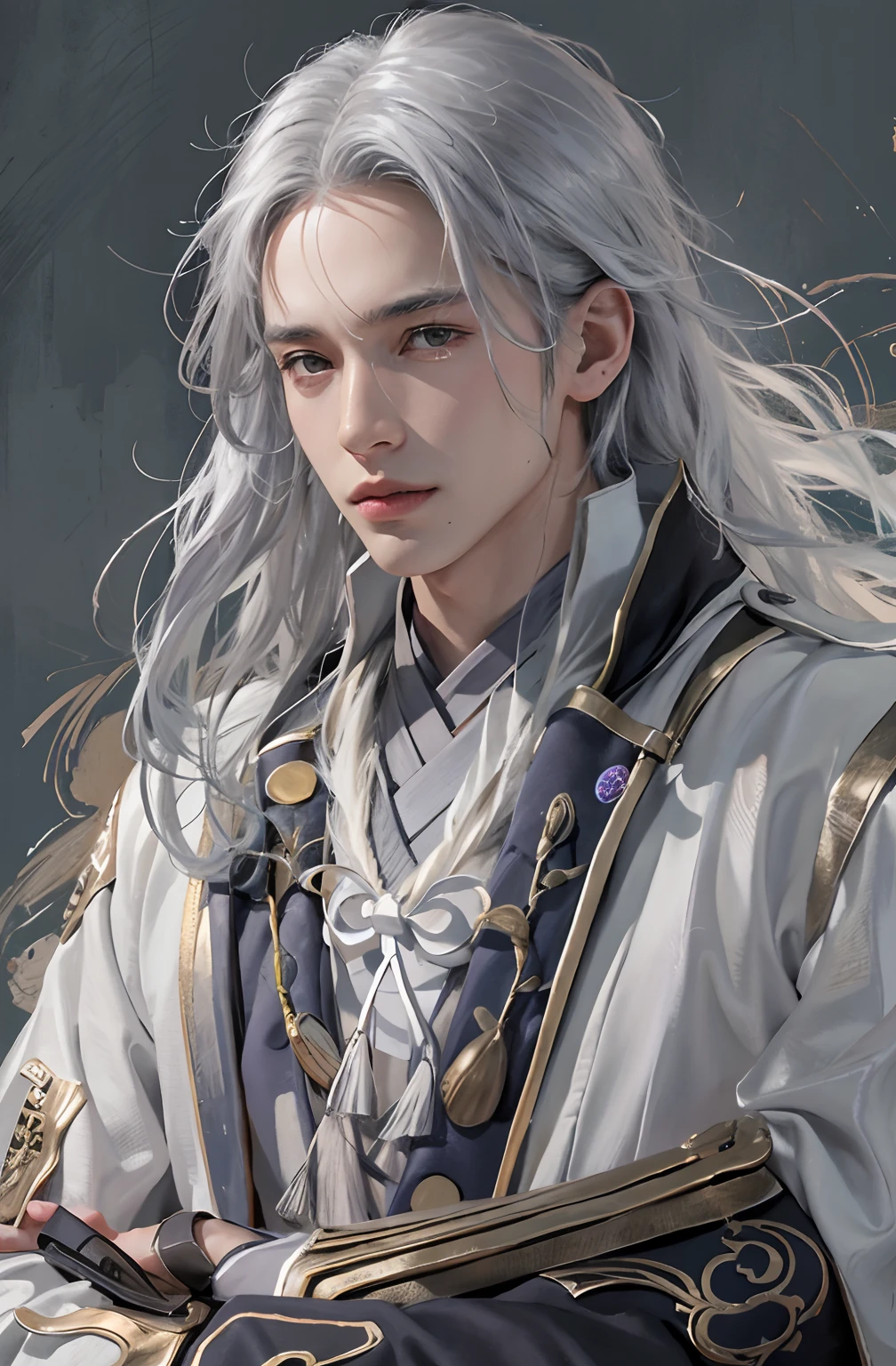 photorealistic, high resolution, 10-years-old boy, solo, super model handsome,1.1, hips up, look at viewer, (detailed face), gray white hair, long hair, Taoist robe,oversized clothes