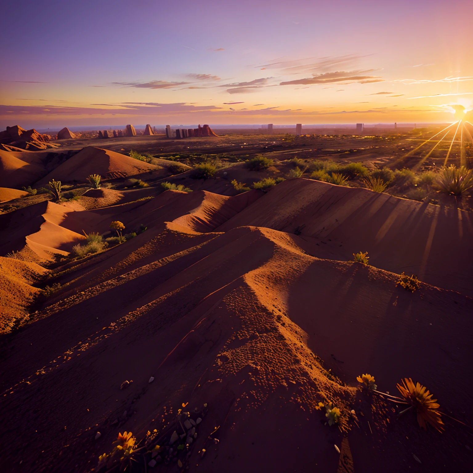 Phoenix, horizon. Sunset. Horizontal plane, crystals, Flowers and plants