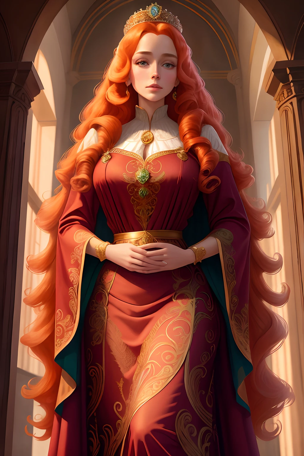 (FollyNobodySD15:0.8) medieval portrait fantasy (royalty:1.1) long [ginger|blonde] wavy hair princess glorious elaborate ornate royal emerald robes tiara gems standing in a detailed luxurious stone castle Game of Thrones Hogwarts bright morning light from window, (masterpiece:1.2) (best quality) (detailed) (intricate) (8k) (HDR) (wallpaper) (cinematic lighting) (sharp focus)