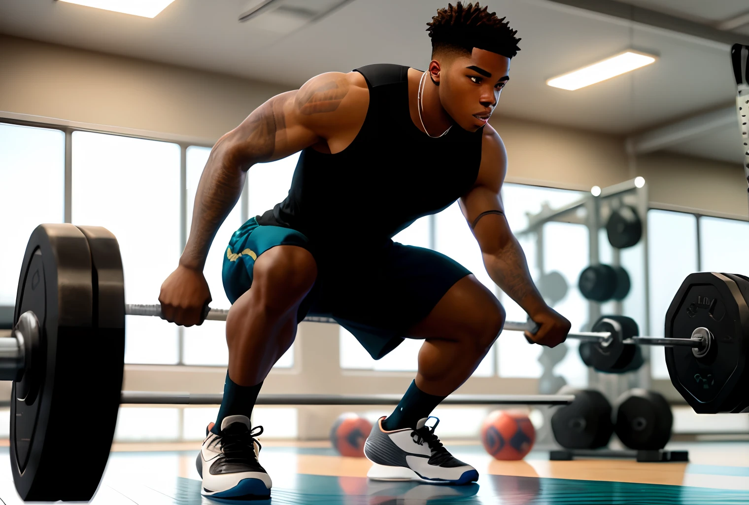 25-year-old young black man playing sports in a weight room
