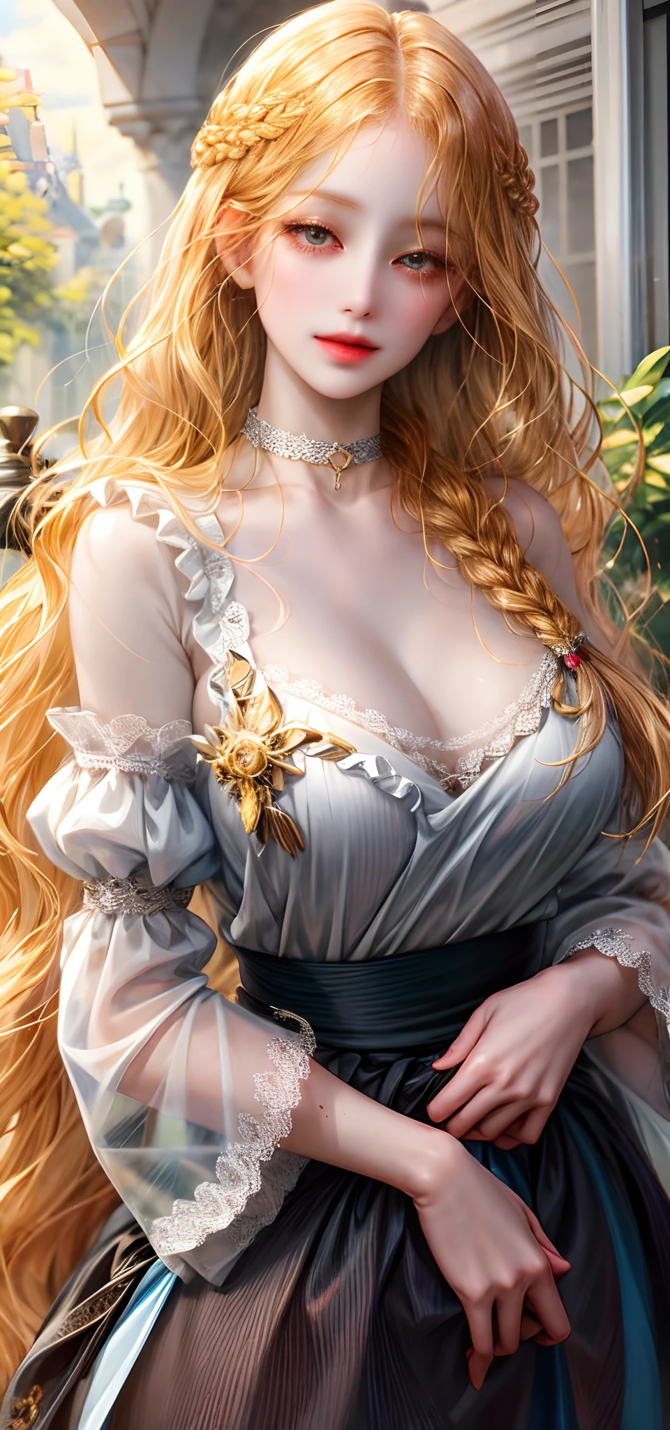 (absurderes,A high resolution,ultra - detailed),1girll,独奏,mature,(Very long hair,blond hairbl),Baroque style,choker necklace,Transparent apron,longer sleeves,ellegance,Colorful,Most detailed,The upper part of the body,exteriors,trpical garden,extremely large bosom,Bare lower body,Bare breasts,nakeness,