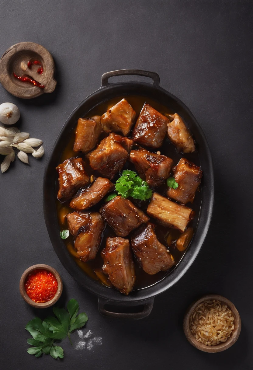 (Best quality:1.2, masterpice:1.2), vibrant, Realistic, Dramatic and dark 8K photos:1.37, ((Chinese cuisine)) Braised pork, nature backdrop