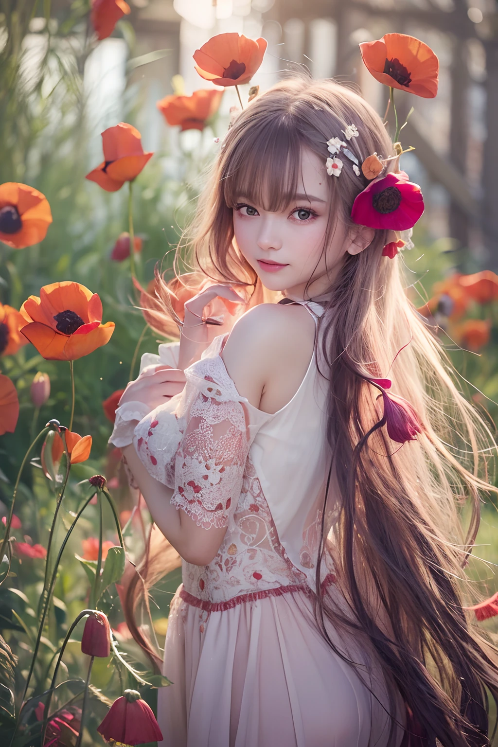 best qualtiy,tmasterpiece,The ultra-Highres,(真实感:1.4),Raw-Photo,1girll,Long Whitr hair,face highlight,In addition,girly,Flushing,18 years-old,Smiling 18-year-old female classmate,In addition,Innocent,(best qualtiy,8K,tmasterpiece:1.3),goose egg face,large eyes,long eyeslashes,Exquisite(Live-action realistic style),Eyes like stars,The Ultimate Face,Realistic light and shadow,Clear Facial Features,Milky Skin,Fair skin, highdetailskin, Realistic skin details, Visible Pore,(super detaill),(perfect body figure:1.1),Long Whitr hair,(dynamicposes),((Dynamic background((Bolchetic Light:1.3)),Big Chest,Deep V big,Long red floral dress,freedom,dashing,poppy,Long leg,Shunguang,Sea of Flowers