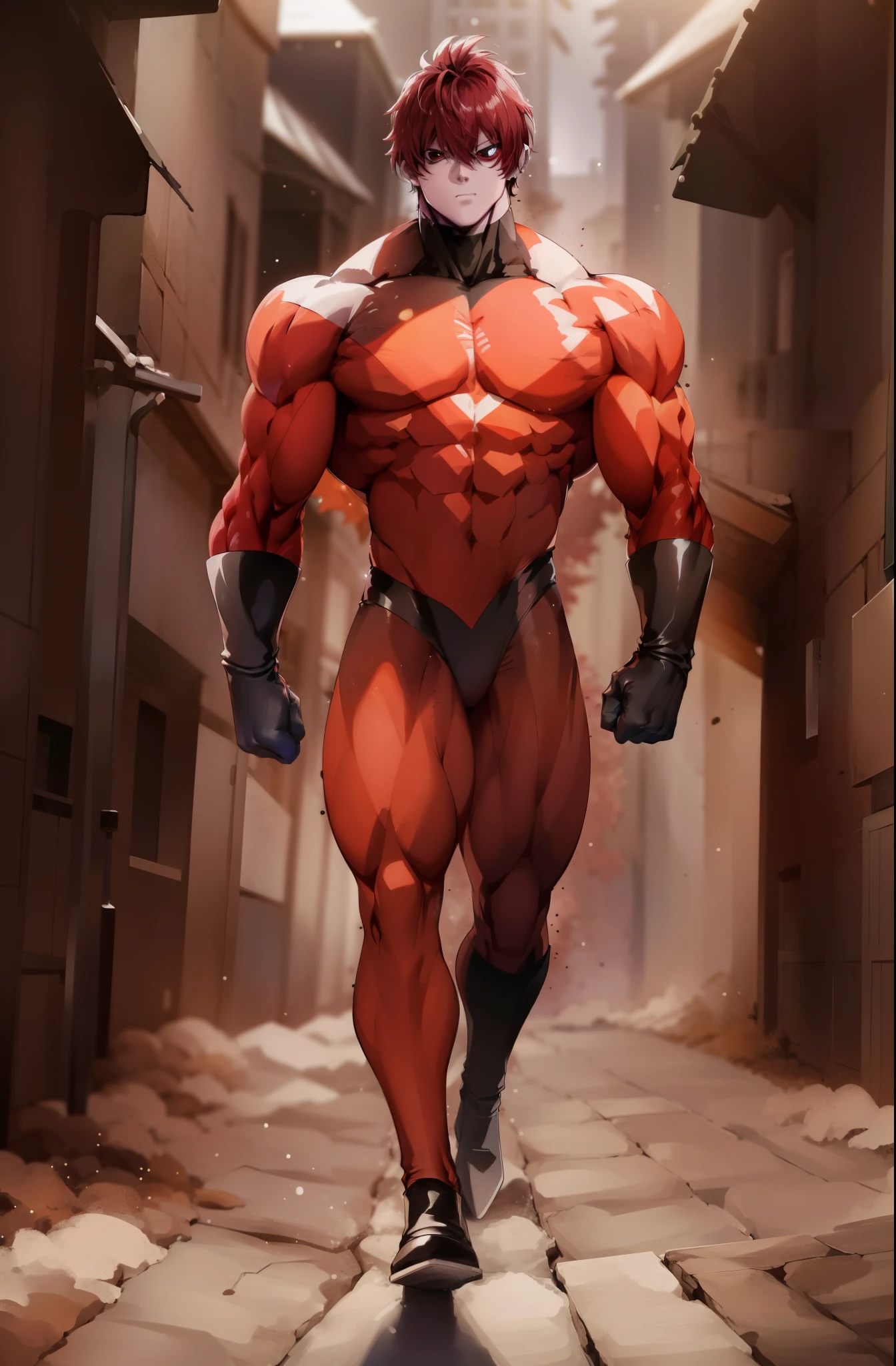 personagem de anime com uma roupa vermelha e branca correndo por uma rua, muscular character, muscular male hero, musculoso!! scientific fiction, musculoso!!, as a titan, badass anime 8 k, Devilman selvagem de corpo inteiro, Commission for High Res, musculoso e aterrorizante, super buff e cool, musculoso!, Ciborgue morto-vivo masculino musculoso, inspirado por Rob Liefeld