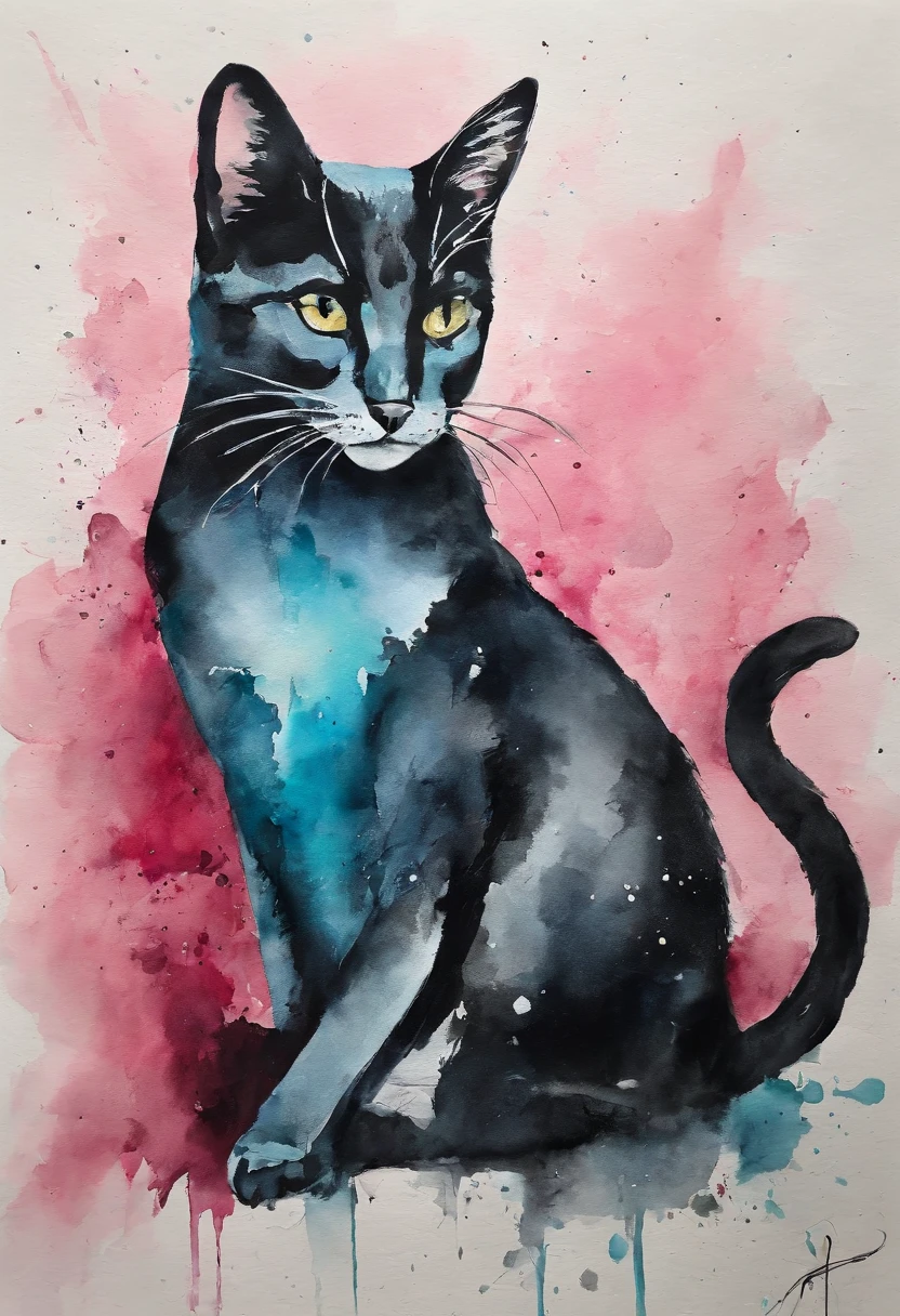 Cats, Main color Black, Secondary color cyan, Pastel pink background, artistic, Sophisticated, Warm style, Shapes include abstract cats, Playful forms, Elegant piece, Textures include fur textures, Smooth paint, Fabric texture, The lines contain graceful lines, Natural curves, Delicate silhouette, The shape is elegant, approachable, Expressive, Aesthetic.