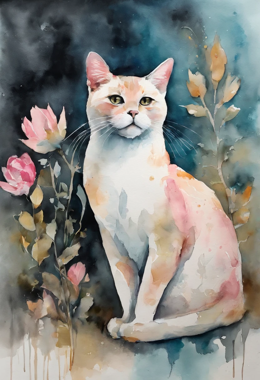 Cats, Main color Black, Secondary color cyan, Pastel pink background, artistic, Sophisticated, Warm style, Shapes include abstract cats, Playful forms, Elegant piece, Textures include fur textures, Smooth paint, Fabric texture, The lines contain graceful lines, Natural curves, Delicate silhouette, The shape is elegant, approachable, Expressive, Aesthetic.