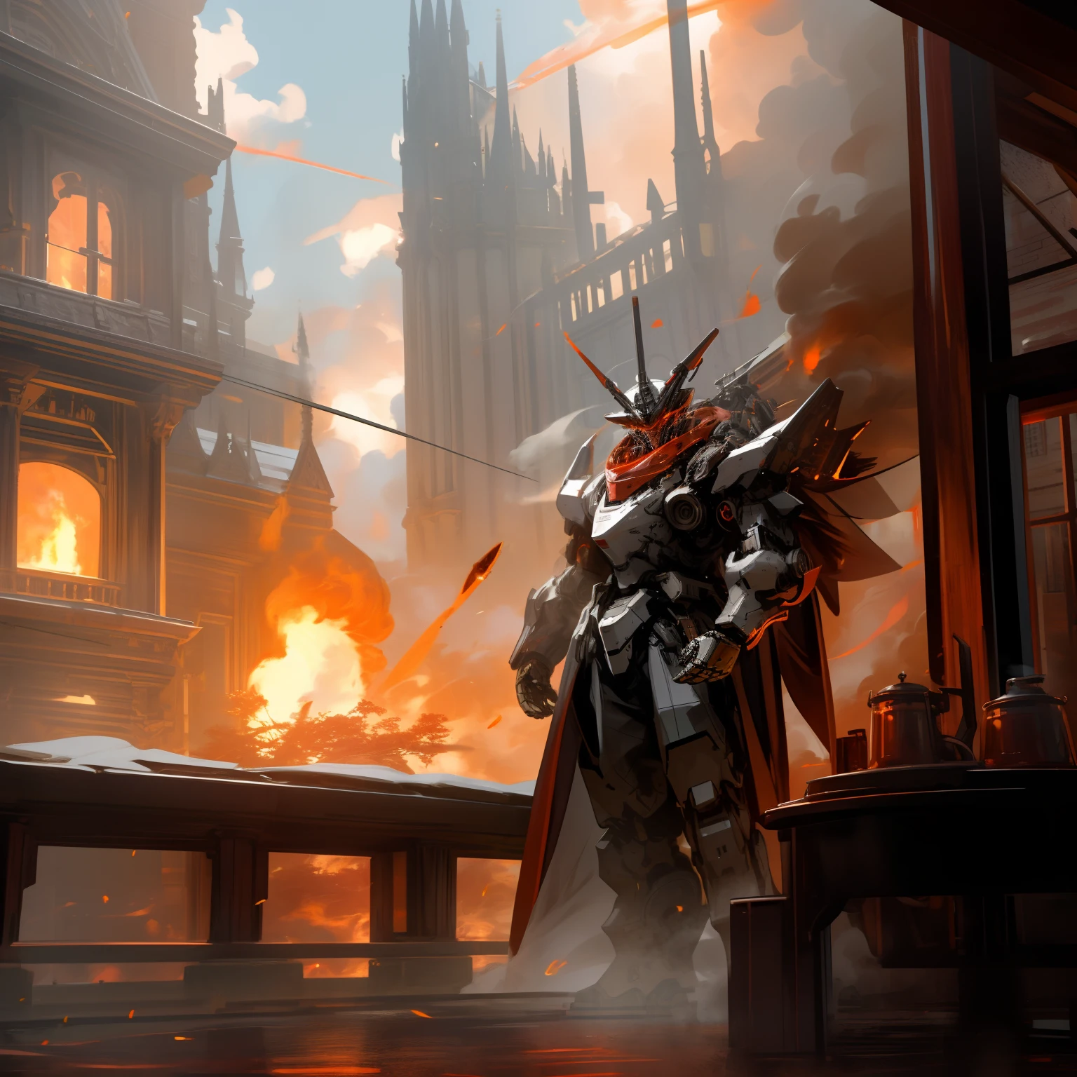 Absurd resolution, high resolution, (Masterpiece: 1.4), hyper-detailing, A mech, Black armor, Large warehouses, Open eyes, Red glasses, Facing the lens, Fire, The physical furnace dissipates heat, A robotic arm with flames and white smoke on its hands