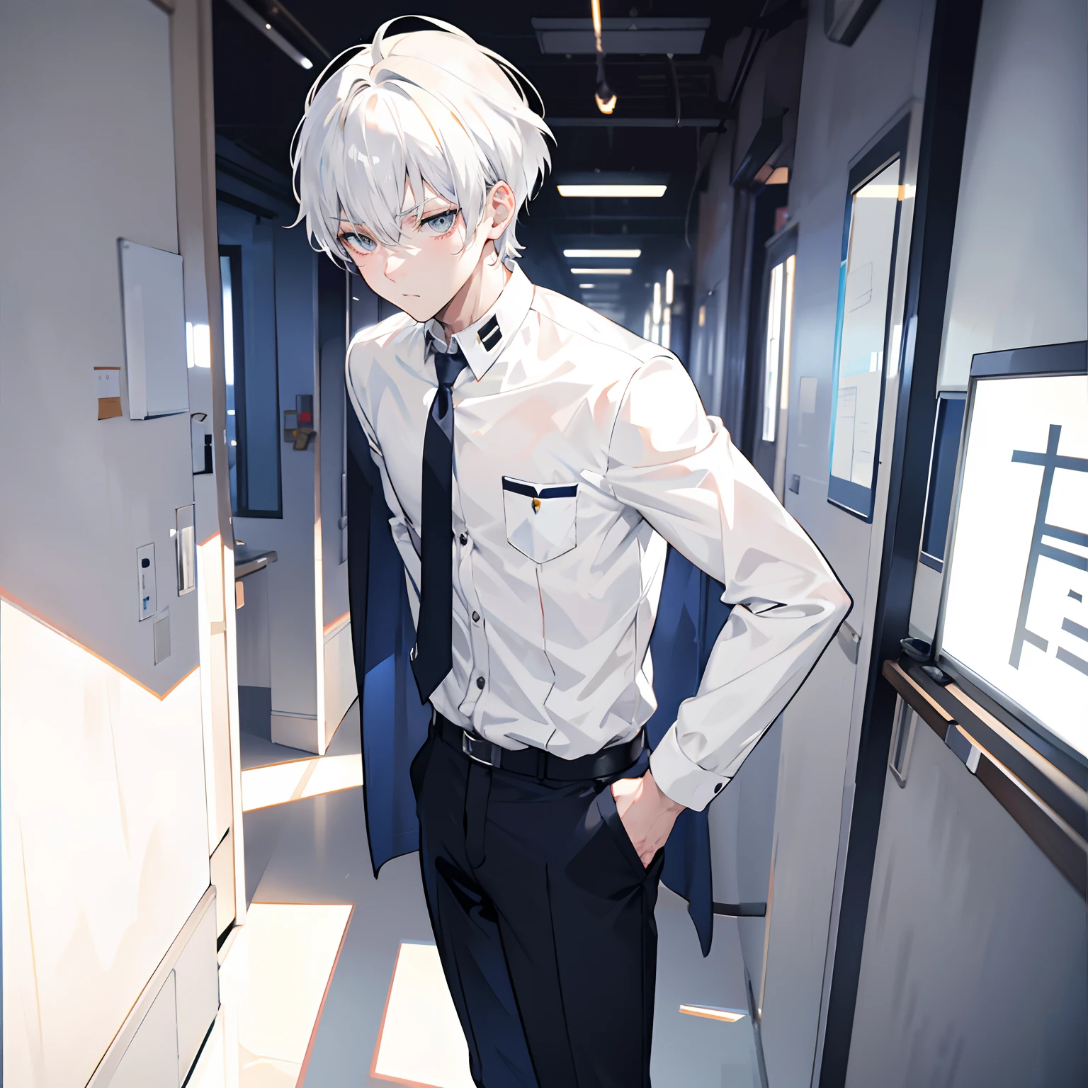 White color hair,short detailed hair,male people,Libido boy,Handsome,heroic look, Gray eye,serious-expression,White school uniform,All body,Standing on the ground,Background Classroom