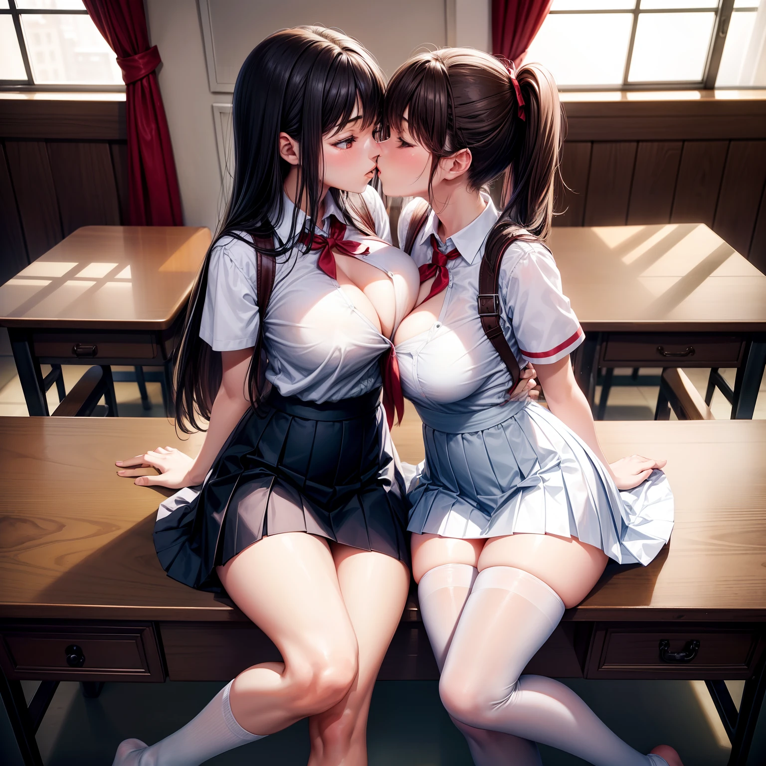 Four university schoolgirls，Four Girls，lesbian，kisses, kissing，brown or black hair,Be red in the face，embrace，Close both eyes，kiss on lips, Rub each other's breasts，is shy，cuddle，perspire，black lence stockings，The light is dim，onbed，The face is very red，extremely shy，opening legs，Sit on each other's lap，Reach into the other's clothes，Untie your clothes，Barefoot masterpiece, best quality, school uniform, skirt, white panties under skirt, feet focus, extreme back arch, big butt, defined butt, school classroom, doing a split on desk, prominent butt crack, looking at viewer, without shoes, schoolgirl uniform, (students looking at her:1.3), seductive, seductive expression, white thigh high socks, non transparent socks, huge tits, ((cleavage)), huge boob cleavage