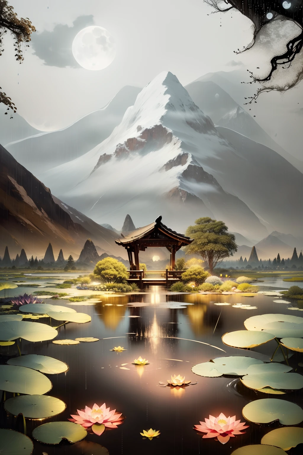 At night, Only moonlight illuminates, Crooked moon, Mountains in the distance, Beautiful big lotus nearby, Big red lotus, Running water next to it, frogs, A summer full of joy, The crooked moon in the sky is mixed with stars, amazing wallpapers, rainy evening, Night in the rain, Beautiful and beautiful, Movie, High detail ((heavy rain))), 8K