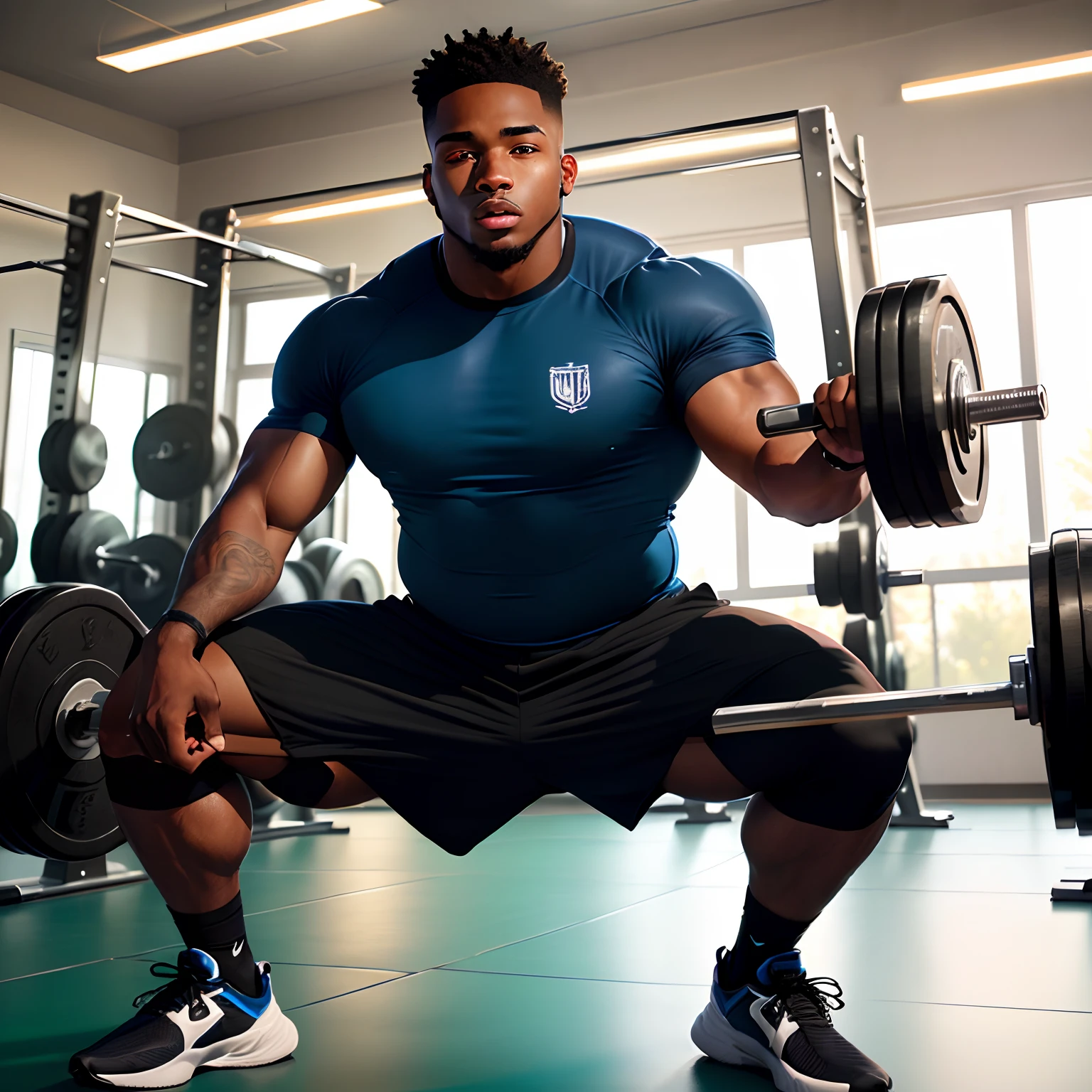 An image of a bodybuilder with large, defined quadriceps in a gym environment