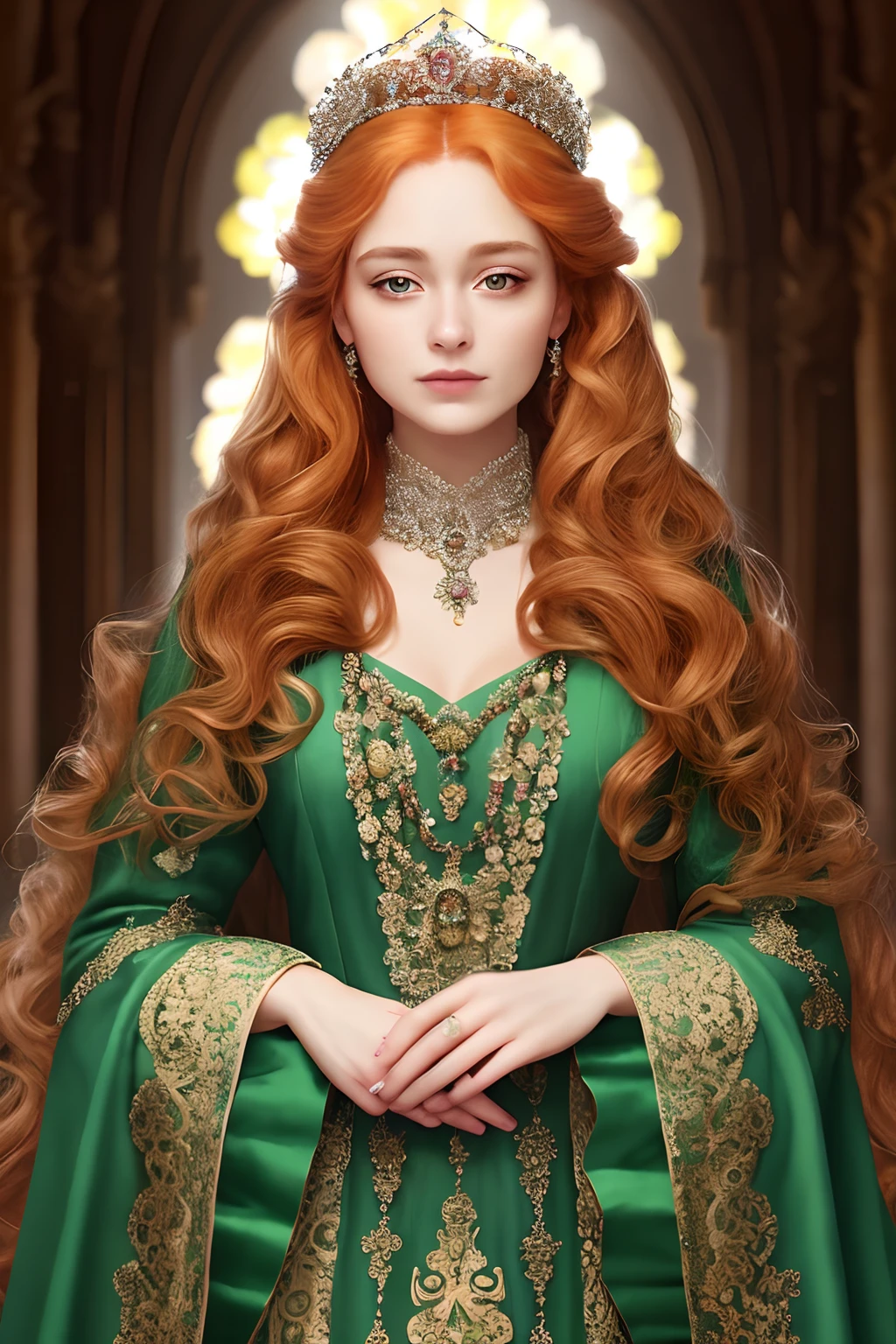 (FollyNobodySD15:0.8) medieval portrait fantasy (royalty:1.1) long [ginger|blonde] wavy hair princess glorious elaborate ornate royal emerald robes tiara gems standing in a detailed luxurious stone castle Game of Thrones Hogwarts bright morning light from window, (masterpiece:1.2) (best quality) (detailed) (intricate) (8k) (HDR) (wallpaper) (cinematic lighting) (sharp focus)
