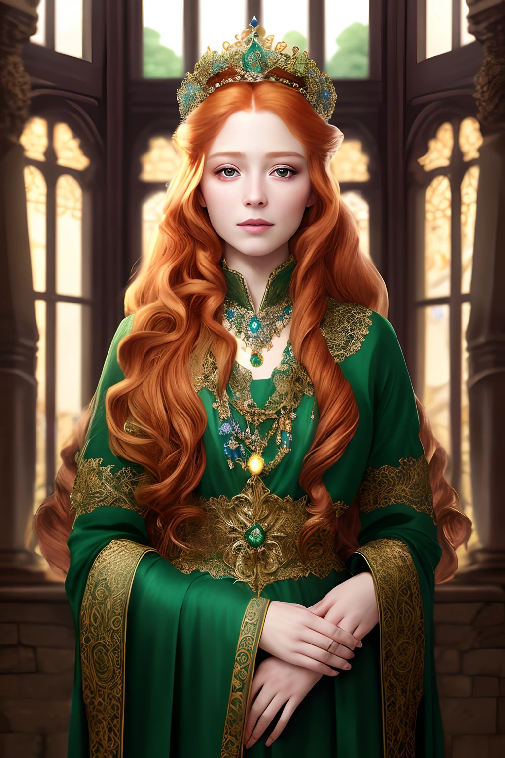 (FollyNobodySD15:0.8) medieval portrait fantasy (royalty:1.1) long [ginger|blonde] wavy hair princess glorious elaborate ornate royal emerald robes tiara gems standing in a detailed luxurious stone castle Game of Thrones Hogwarts bright morning light from window, (masterpiece:1.2) (best quality) (detailed) (intricate) (8k) (HDR) (wallpaper) (cinematic lighting) (sharp focus)