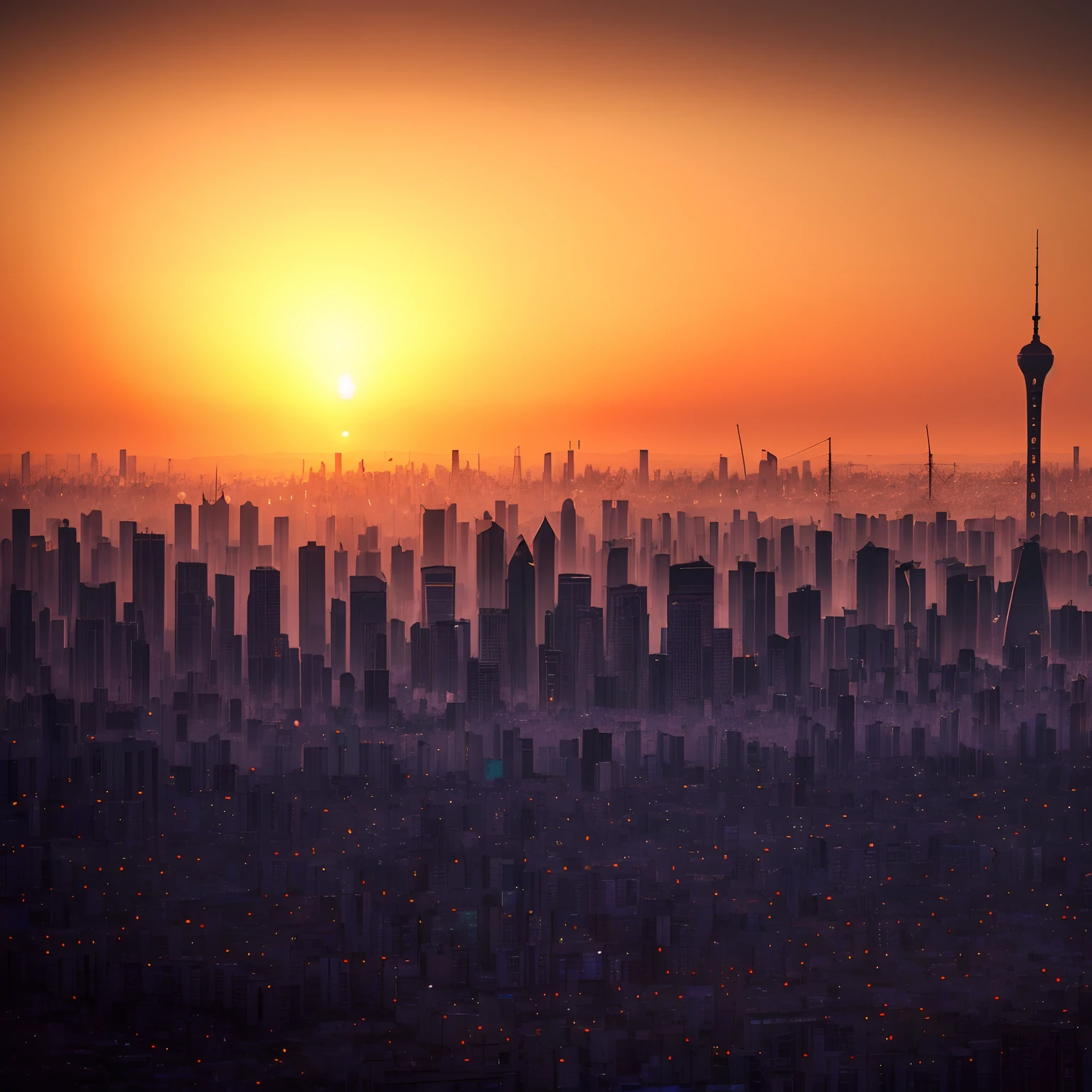 Sunset over a city with cranes in the distance, golden hour in beijing, Sunset in background, Sunset in the background, dusk sunset in background, during sunrise, Sunset view, moody sunset in background, shiny city in the distance, sunrise over solarpunk city,, sun setting in the background, sunrise over solarpunk city, Early morning sunrise