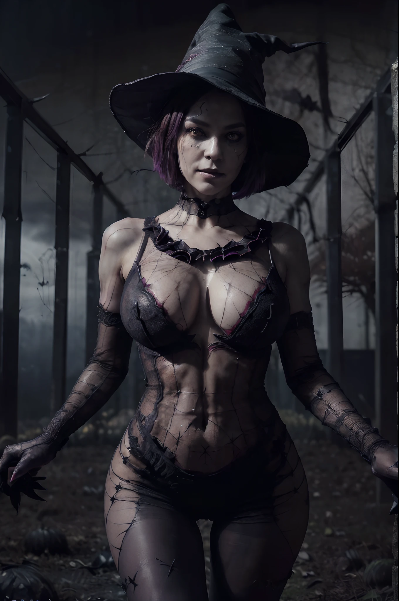 kpop,full body(best quality,ultra-detailed,realistic,photography of ((cute sexy girl,arachne,sexy transparent dress,darky makeup,dynamic pose,large breast,large ass,expressive eyes,pale skin, outdoors,gothic background,spiders,spiders accessories,spider web,scars on the face,fantasy,horror,red and black color palette,artistic interpretation,sinister smile,hauntingly beautiful,witchy vibes,fearful expression,short hair,split coloring hair,ethereal look,mysterious ambiance,deadly charm,macabre beauty,creepy elegance,Halloween style,witch_hat