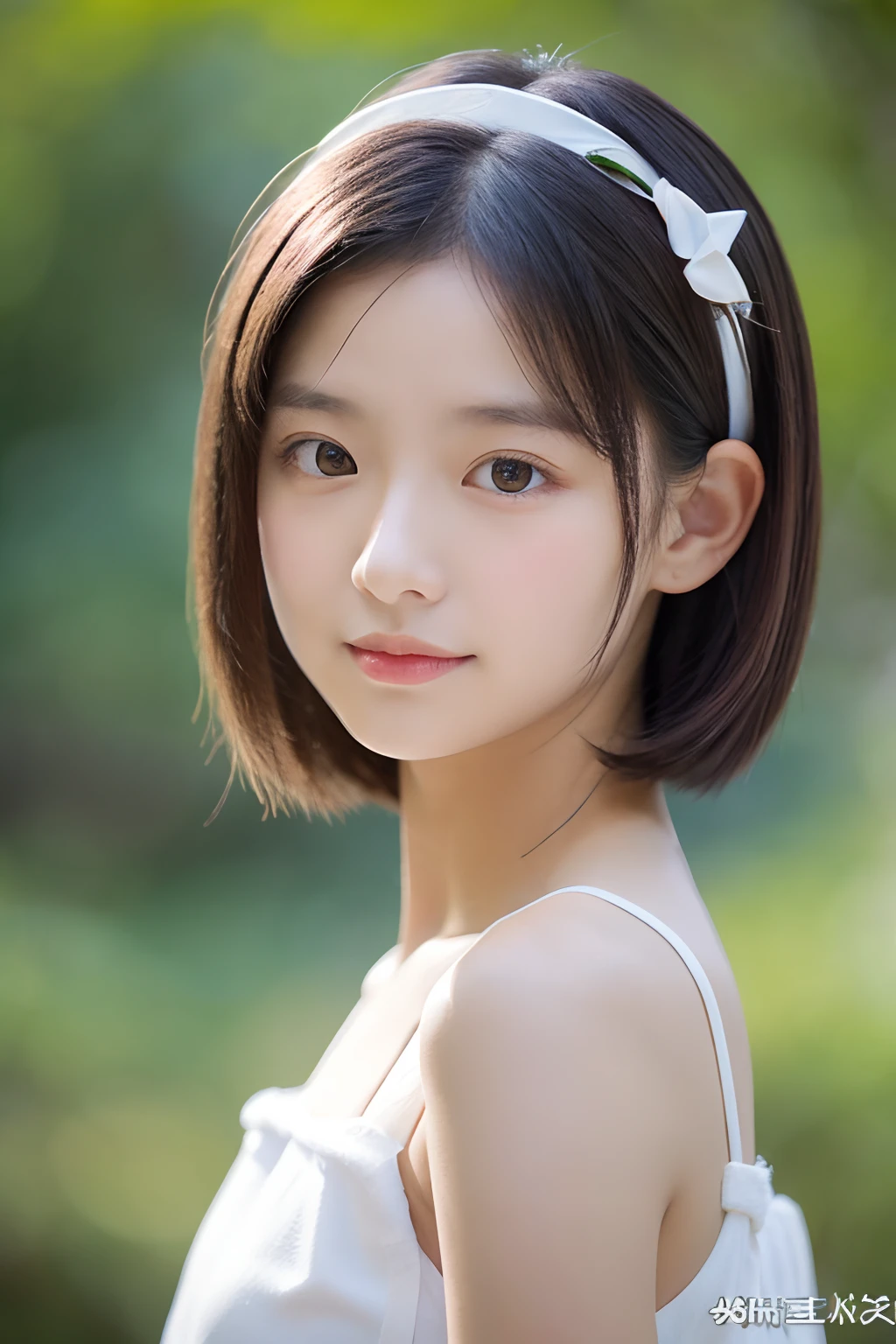  girl, Wear a white top, short detailed hair, Star hairpins.