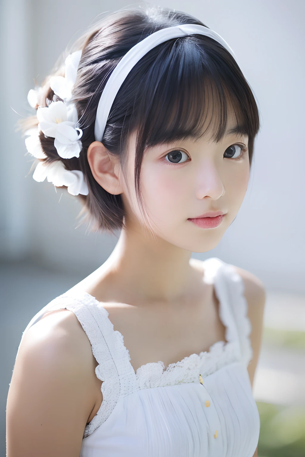 1 girl, alone, Japan girl, , (highest quality, Realistic, High resolution, 8k, Very detailed, Detailed face, Shiny skin), Black Hair, shabby bangs, ponytail, (Cute clothes), A very childish 14 old, Looke camera, garden, Lots of flowers,  (side boobs:1.3), (very small breasts)