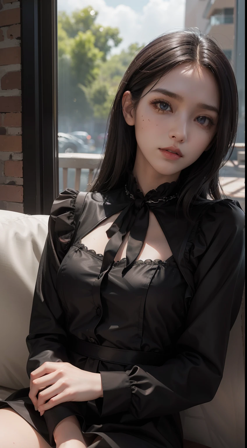 (Hyper-realistic), (Illustration), (High resolution), (8K), (Extremely detailed), (Best Illustration), Yol ( chain saw man ), (Beautiful detailed eyes), (Best Quality), (Ultra-detailed), (masutepiece), (Wallpaper), (Detailed face), Solo, Upper body, Focus on Face, 1 girl, Long Black Hair, Korean, Thin eyeshadow, A detailed eye, Brown eyes, Small moles under the eyes, very slender legs,Long sleeve shirt, Neckbow, Small breasts,Black leather shoes,pinafore dress, Dynamic Pose, low illuminance, Night, Dark, Clouds, a dark night,sit on sofa,Drinking black tea,