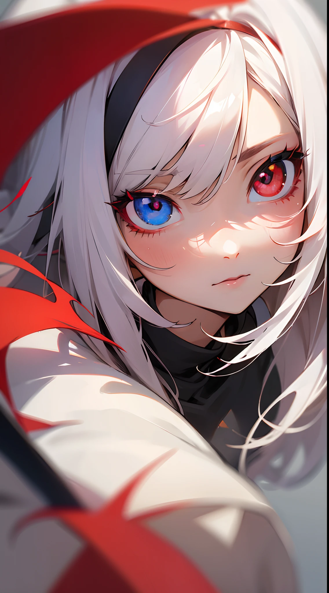 Anime girl, heterochromia, (red right eye and white left eye), detailed eyes, best quality, masterpiece