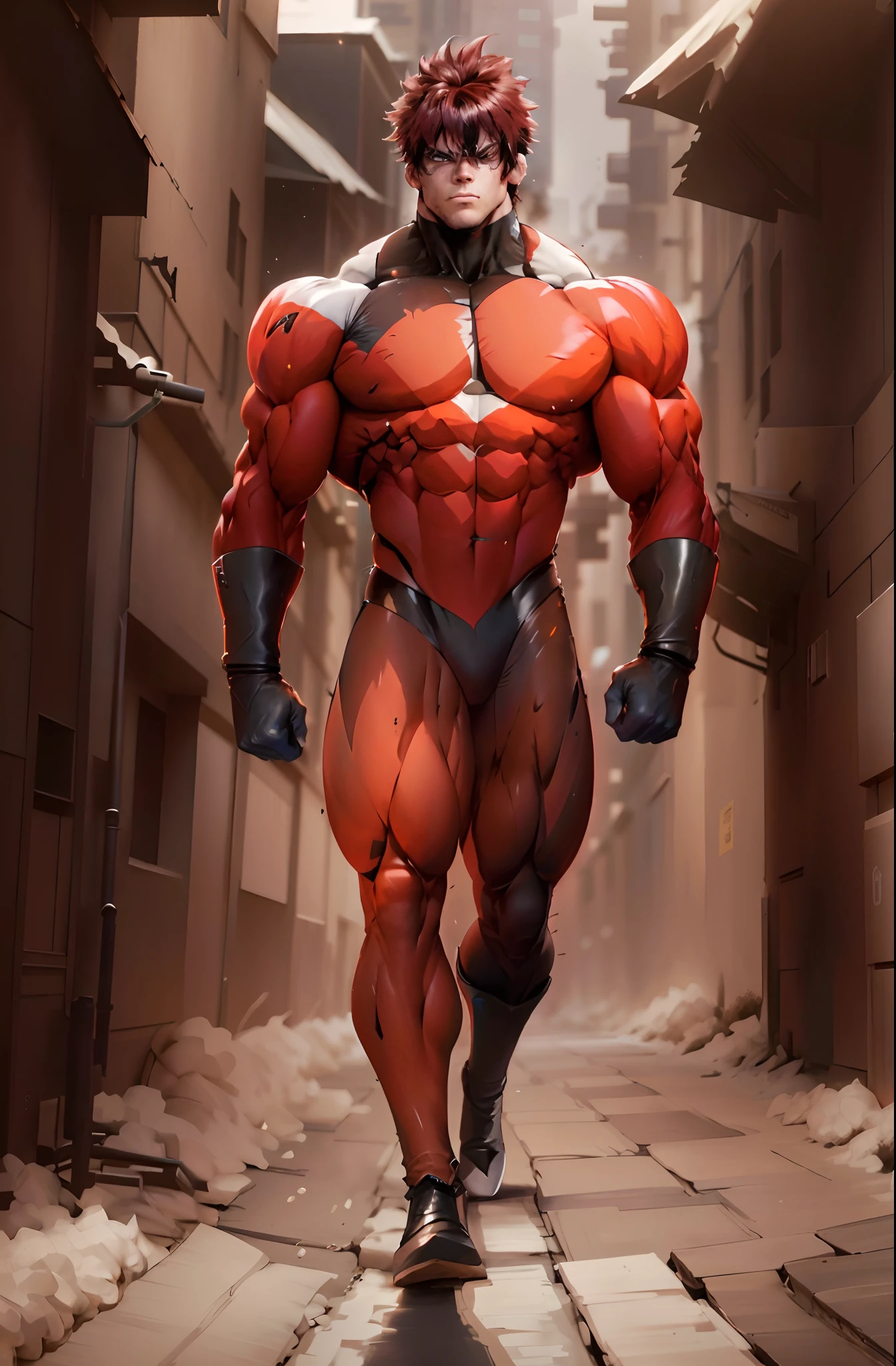 personagem de anime com cabelos ruivos e um corpo musculoso andando por uma rua, muscular male hero, muscular character, musculoso!! scientific fiction, super buff e cool, big muscle, musculoso e aterrorizante, Bowed muscles;, caracteres musculosoes, large muscles, large muscles, massive muscles, musculoso!!, musculoso! Cyberpunk, forte e imponente, Homem Diabo de Corpo Inteiro, exaggerated muscles