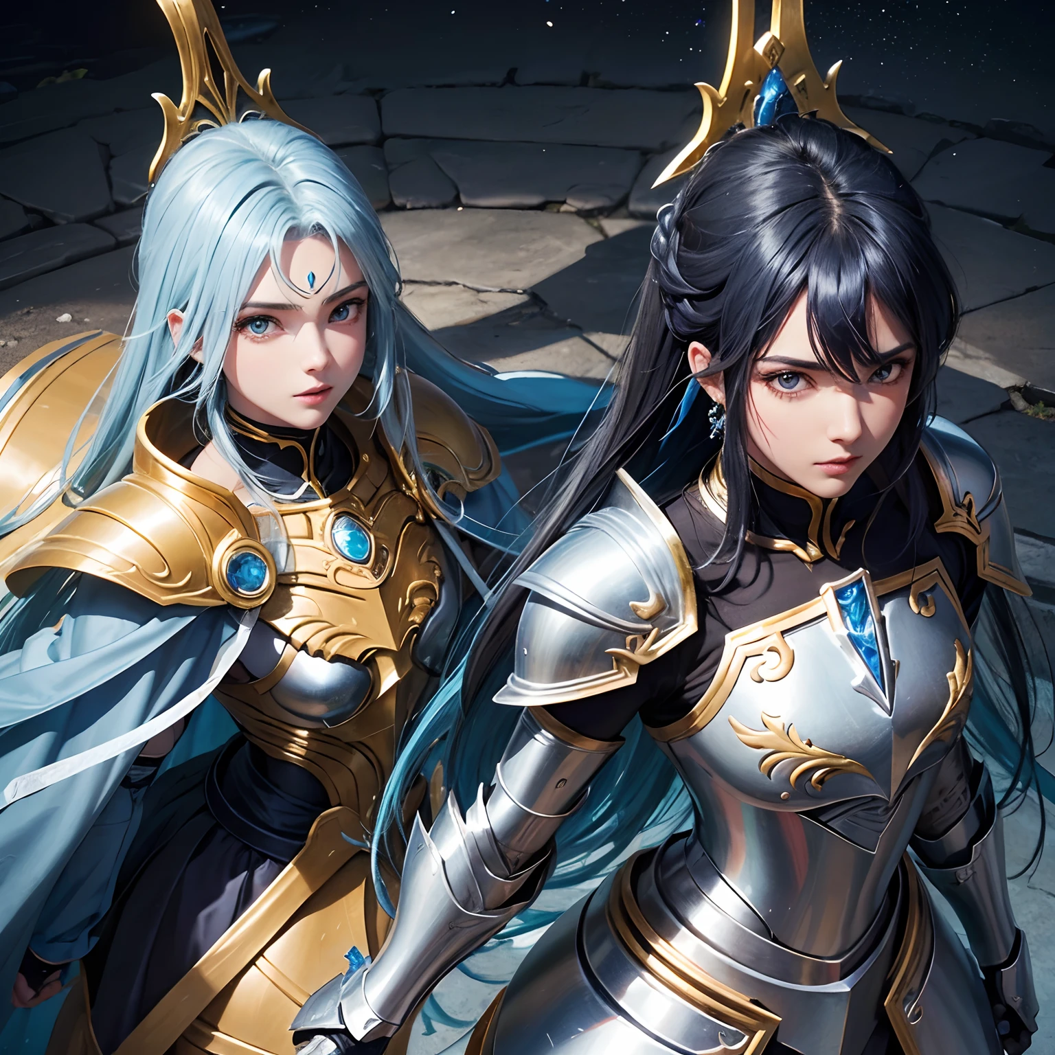 Obra prima melhor qualidade, cavaleiro bonito olhos azuis, cabelo comprido azul, usando armadura de ouro, Knight is Saint Seiya's Twins Saga, Wearing Gemini Gold Armor, extremamente detalhado, 8k, ultra realista