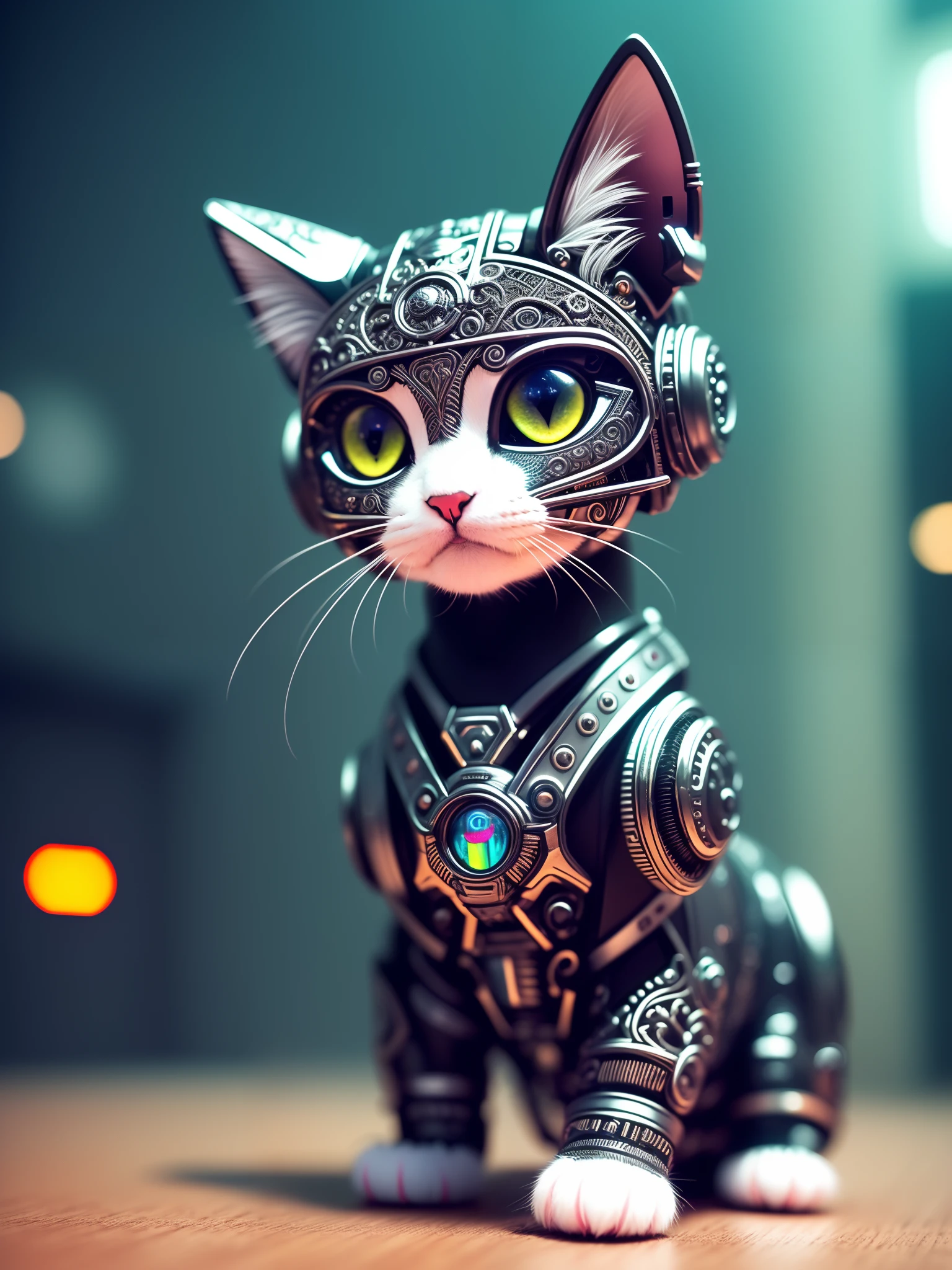 a cute kitten made out of metal, black kitten, cyborg, cyberpunk style, ((intricate details)), hdr, ((intricate details, hyperdetailed)), cinematic shot, vignette