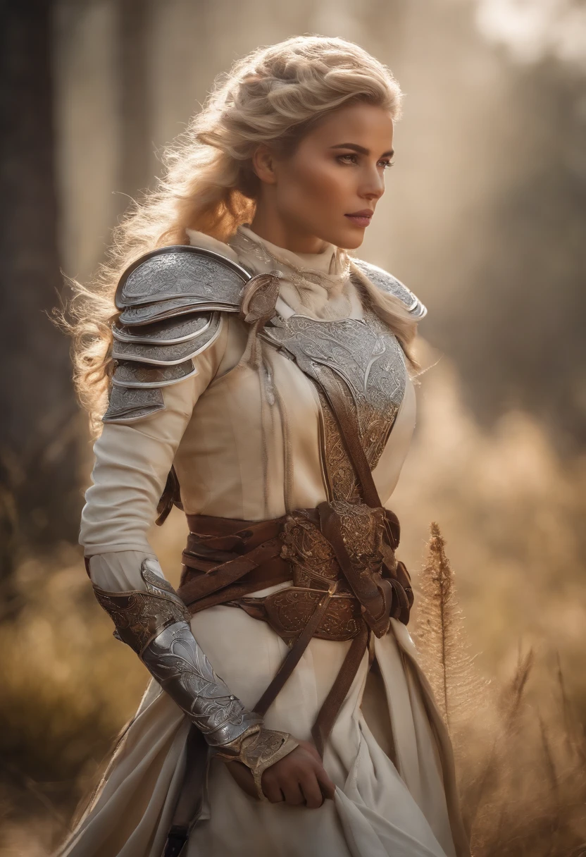 Mulher de cabelo branco, com roupa de guerreira celestial, fundo de guerra, voando, super detalhado e realista