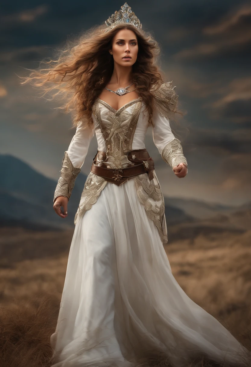 Mulher de cabelo branco, com roupa de guerreira celestial, fundo de guerra, voando, super detalhado e realista