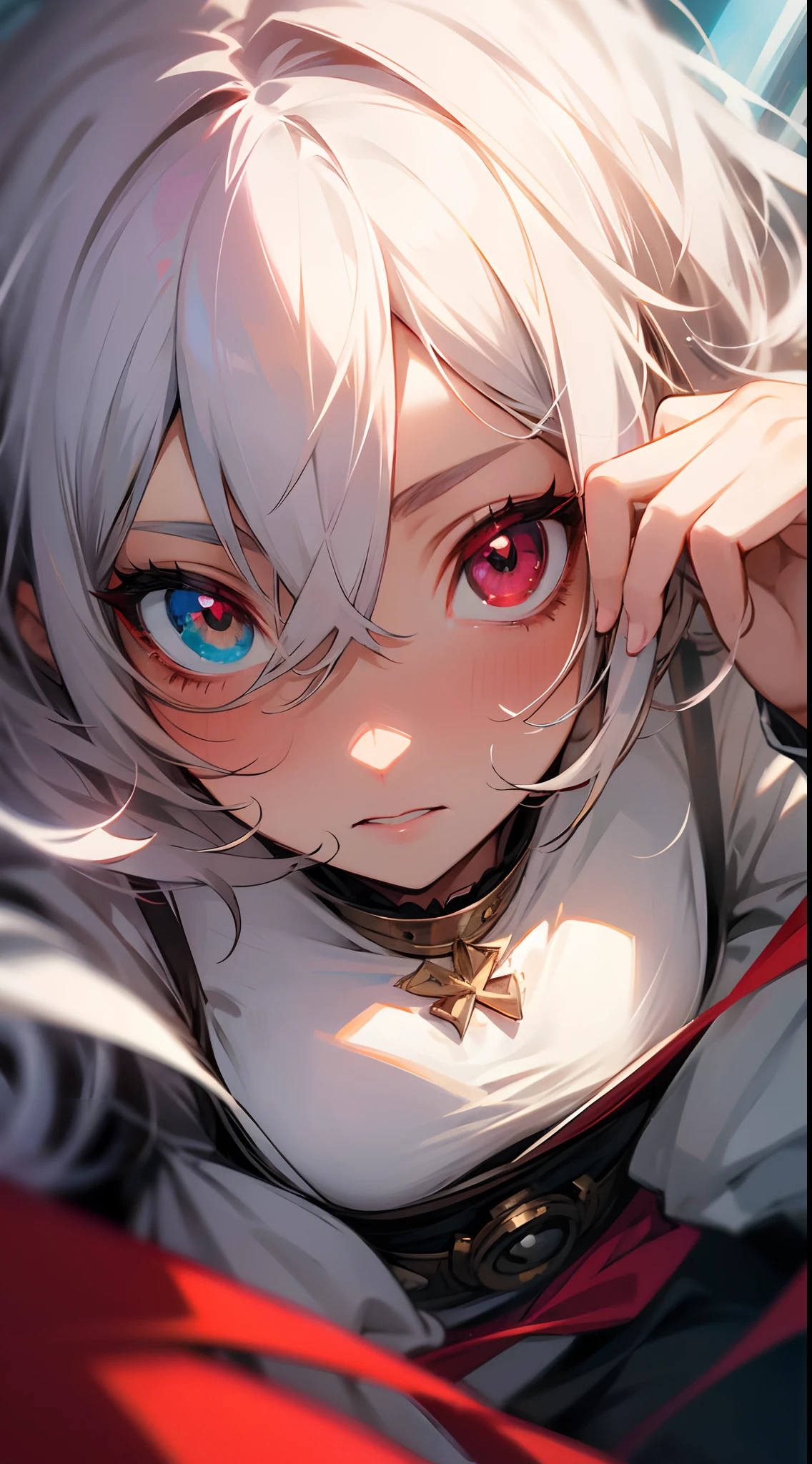 Anime girl, heterochromia, (red right eye and white left eye), detailed eyes, best quality, masterpiece