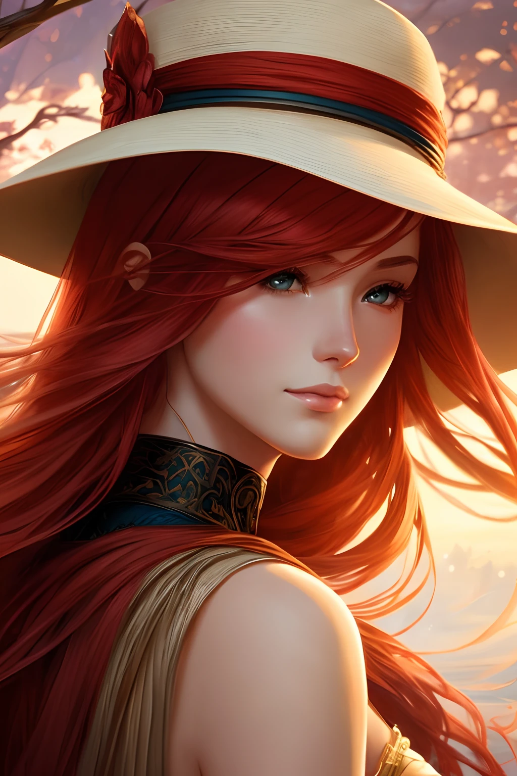 A closeup of a woman with red hair and a hat, stunning digital illustration, Deusa dos cabelos ruivos, Beautiful digital illustration, No estilo de arte de Bowater, Alphonse Mucha e Rossdraw, Charlie Bowater Cores Profundas Ricas, exquisite digital illustration, retrato mostrando corpo inteiro, bonito da arte da fantasia, Artgerm. High detail, Artgerm. anime illustration