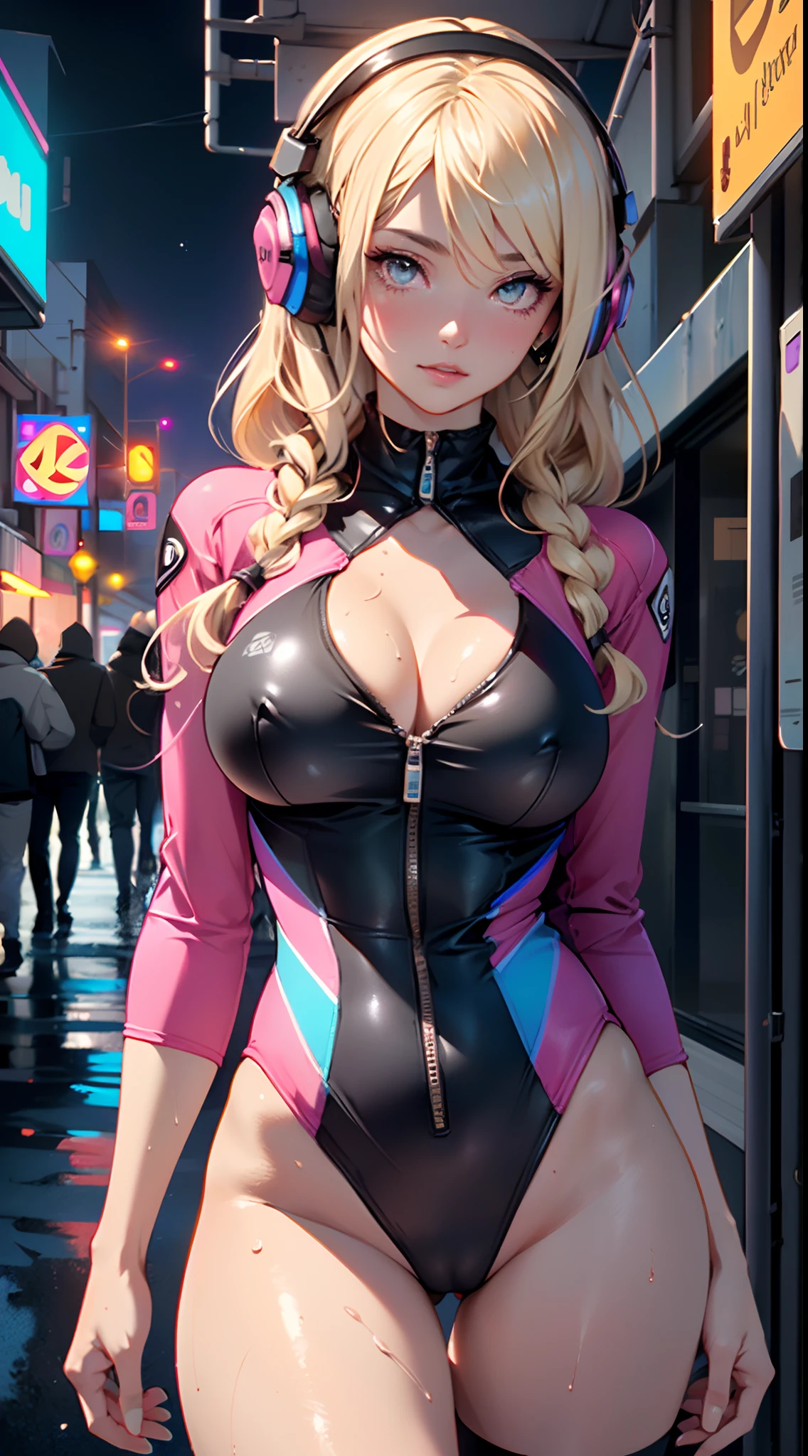 girl swimmer,((girl with extremely cute and beautiful blonde hair)),

(:1.4),saggy breasts,(((very light blonde hair:1.35,straight hair,long hair:1.4,colored inner hair,ear breathing))),((heterochromia:1.5, (pink_eye and yellow_eye))),intricate eyes,beautiful detailed eyes,symmetrical eyes,((fat)),(((lustrous skin:1.5,bright skin: 1.5,skin tanned,shiny skin,very shiny skin,shiny body,plastic glitter skin,exaggerated shiny skin,illuminated skin, wet legs))),(spider lower abdomen,narrow waist,wide hip,athletic body,inflated legs,detailed body,(detailed face)),

cute,slutty,seductive,erotic,(((nsfw))),

zettai ryouiki,((one-piece_swimsuit magenta,wearing a one-piece_swimsuit outfit:1.3,swimsuit type spacesuit,magenta armor swimsuit:1.3)),(rgb headphones:1.5),((wet clothes,intricate outfit,intricate clothes)),

(dynamic pose:1.0),embarrassed,(centered,scale to fit dimensions,Rule of thirds),

cyberpunk city by the ocean at night, with bright neon signs and dark stormy clouds and puddles, scenery:1.25,

artistic photography,(photography taken by sldr),highres, sharp focus, (ultra detailed, extremely detailed), (photorealistic artwork:1.37),(extremely detailed CG unity 8k wallpaper),((synthwave background theme)),(((vibrant colors))),(intricate background),(masterpiece),(best quality),