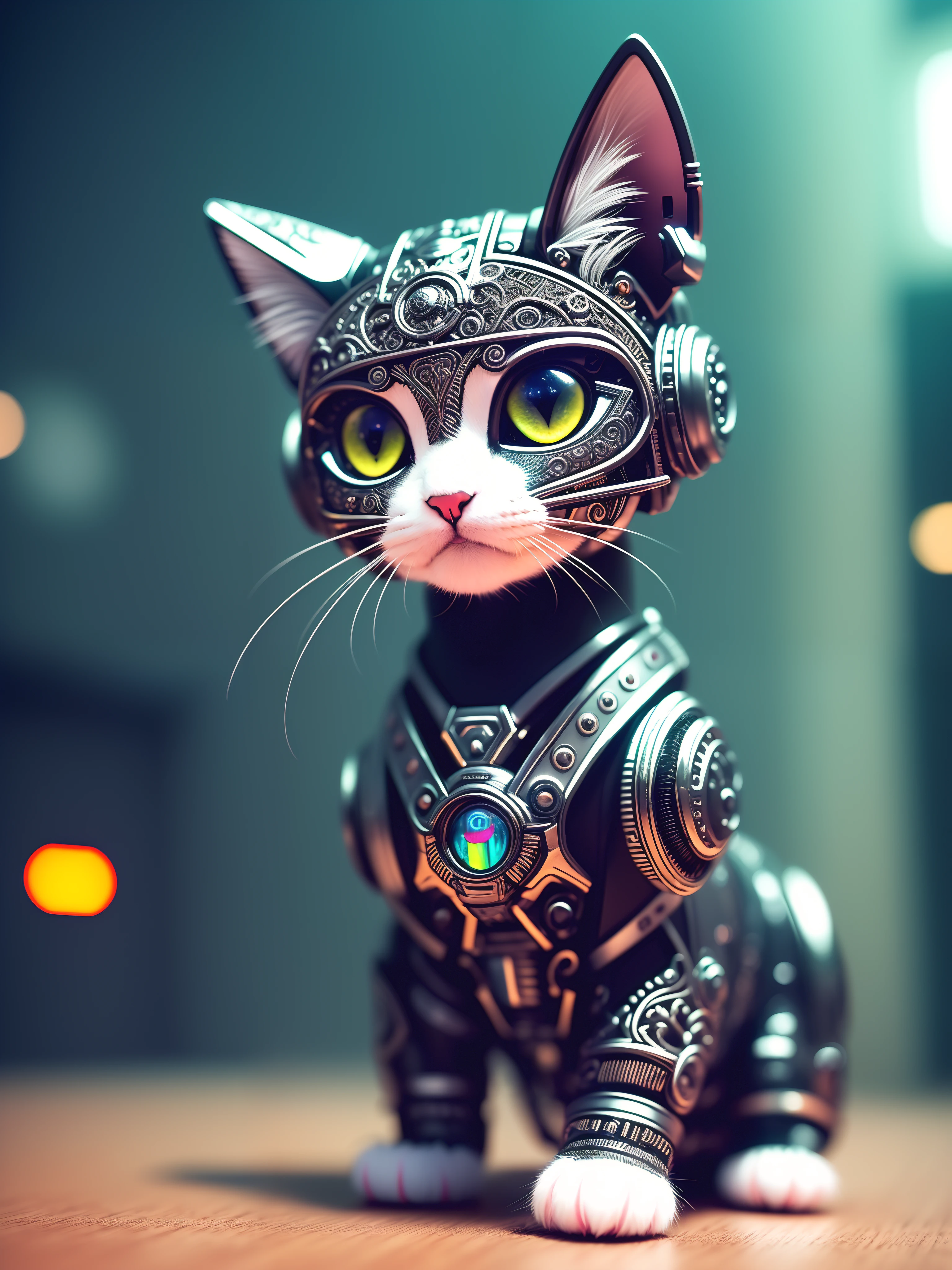 a cute kitten made out of metal, black kitten, cyborg, cyberpunk style, ((intricate details)), hdr, ((intricate details, hyperdetailed)), cinematic shot, vignette