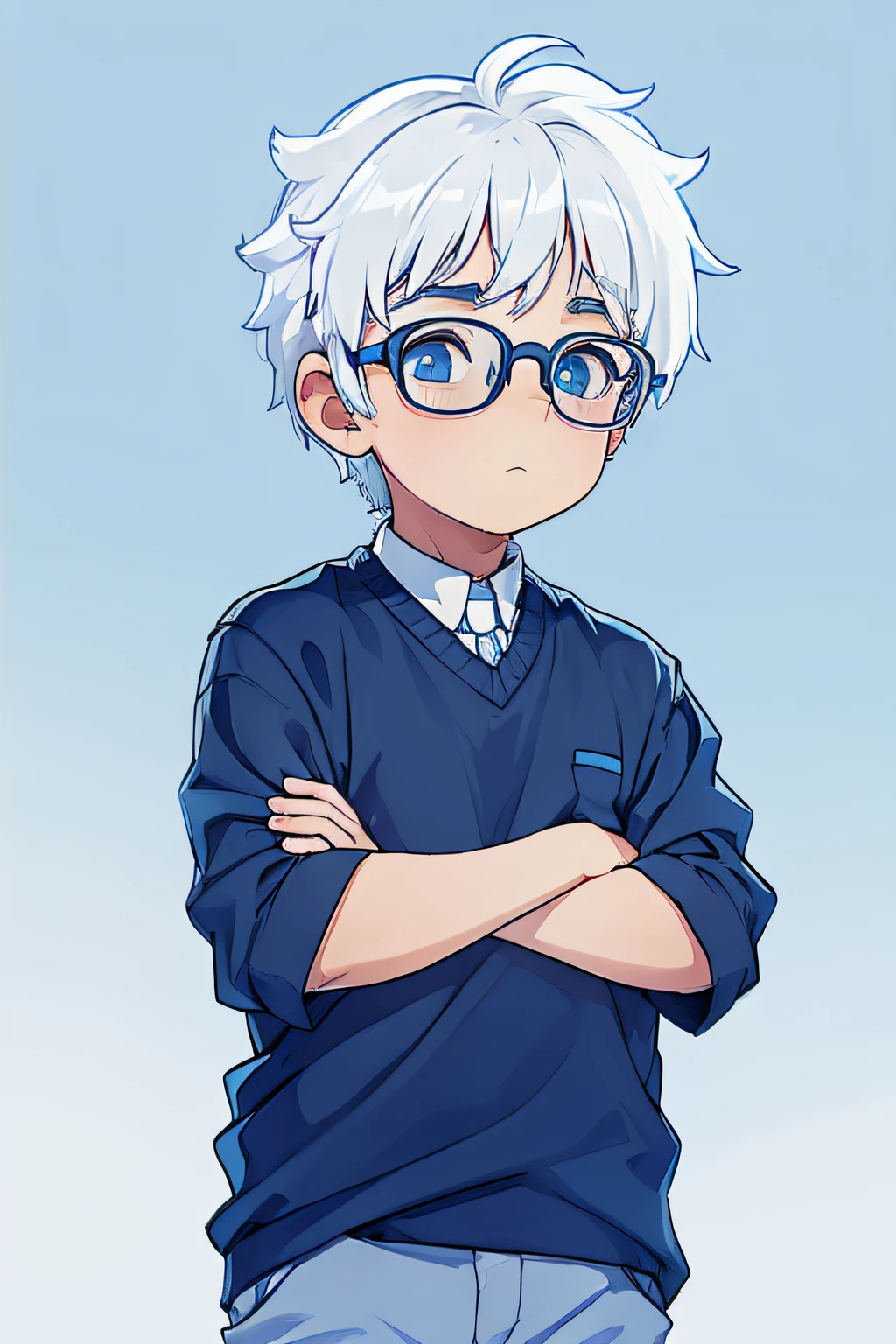 ((Boy)), ???, genius, glasses, cute, (blue background), white hair