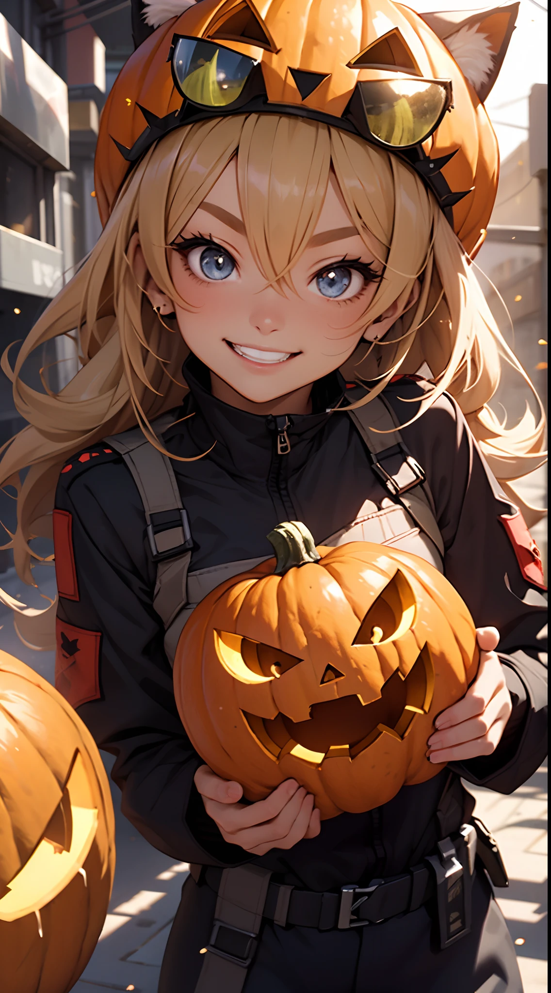 (masterpiece:1.2), best quality, high resolution, unity 8k wallpaper, (illustration:0.8), (beautiful detailed eyes:1.6), extremely detailed face, perfect lighting, extremely detailed CG, (perfect hands, perfect anatomy), 1girl, solo, blonde hair, blue eyes. (holding a Pumpkin Spice Latte:1.3). (Wearing: beanie, opened pink jacket, grey under shirt and leggings). Calm smile on face, she’s relaxed. Background: City park, autumn season, fall season.
