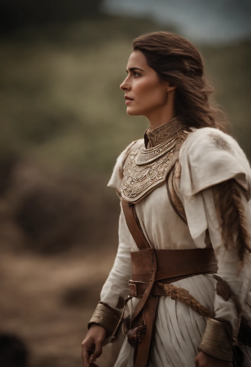 Mulher de cabelo branco, com roupa de guerreira celestial, fundo de guerra, voando, super detalhado e realista