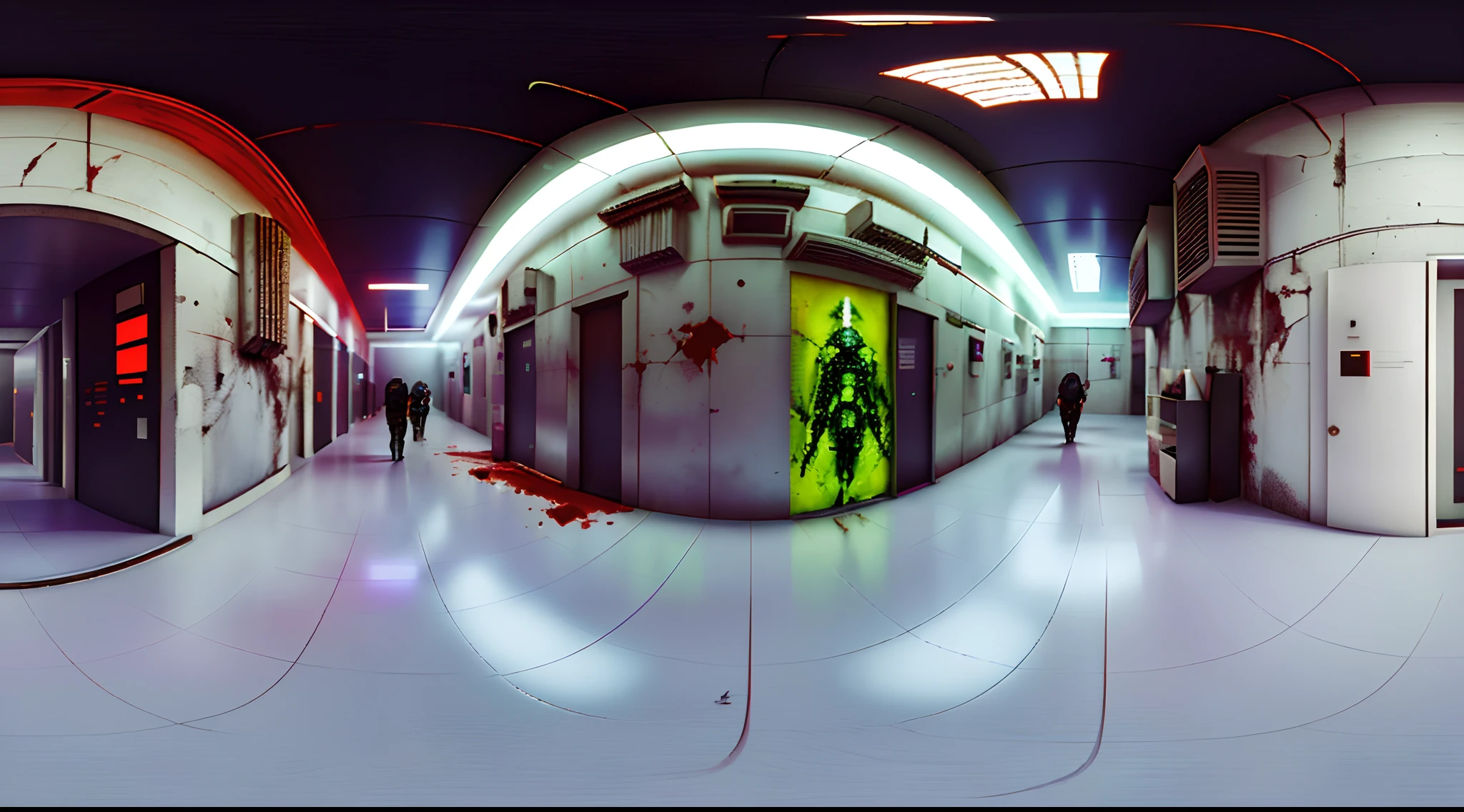 Two people standing in a room,There was blood on the floor, Arte conceptual limpio, Arte conceptual de Resident Evil Virus, Sci-fi horror setting, Science fiction setting, Arte conceptual del juego FPS, Interior of the room in area 55, Dentro de una base militar futurista, research station, Arte conceptual suave, Science fiction scene, Pristine concept art, sangriento + Concepto-Arte, depicted as a scifi scene