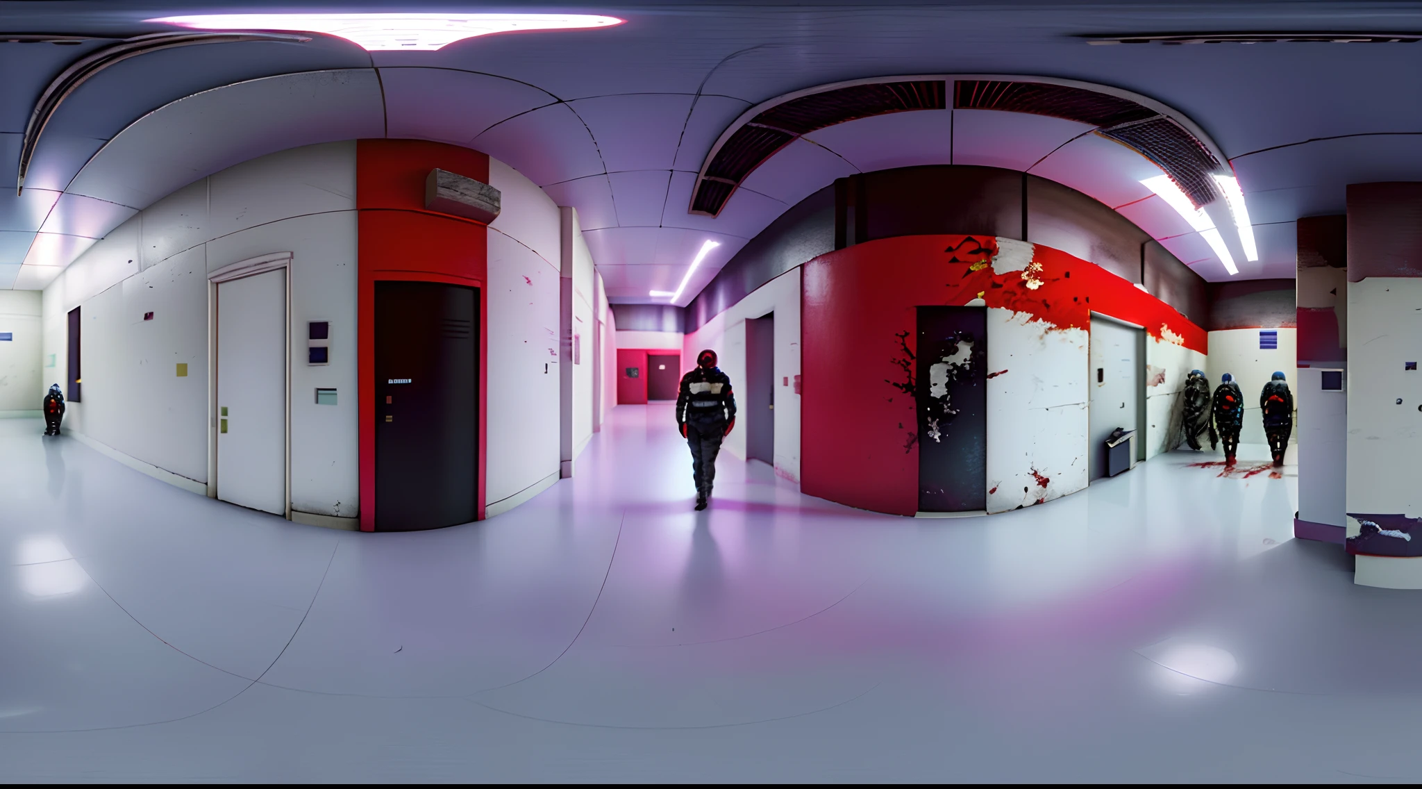 Two people standing in a room,There was blood on the floor, Arte conceptual limpio, Arte conceptual de Resident Evil Virus, Sci-fi horror setting, Science fiction setting, Arte conceptual del juego FPS, Interior of the room in area 55, Dentro de una base militar futurista, research station, Arte conceptual suave, Science fiction scene, Pristine concept art, sangriento + Concepto-Arte, depicted as a scifi scene